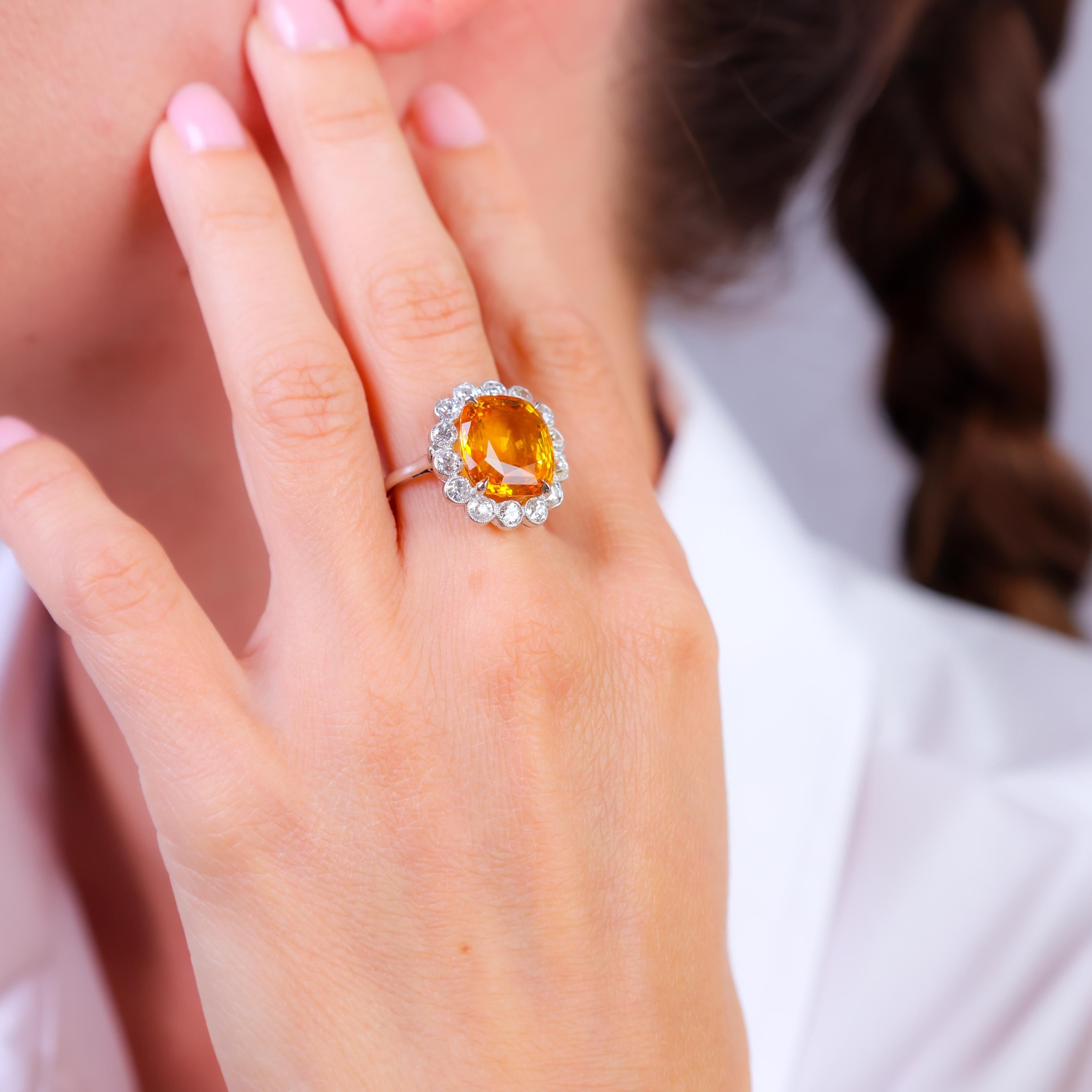 Anillo francés Art Déco GIA 11,22 quilates zafiro naranja diamante platino Corte cojín
