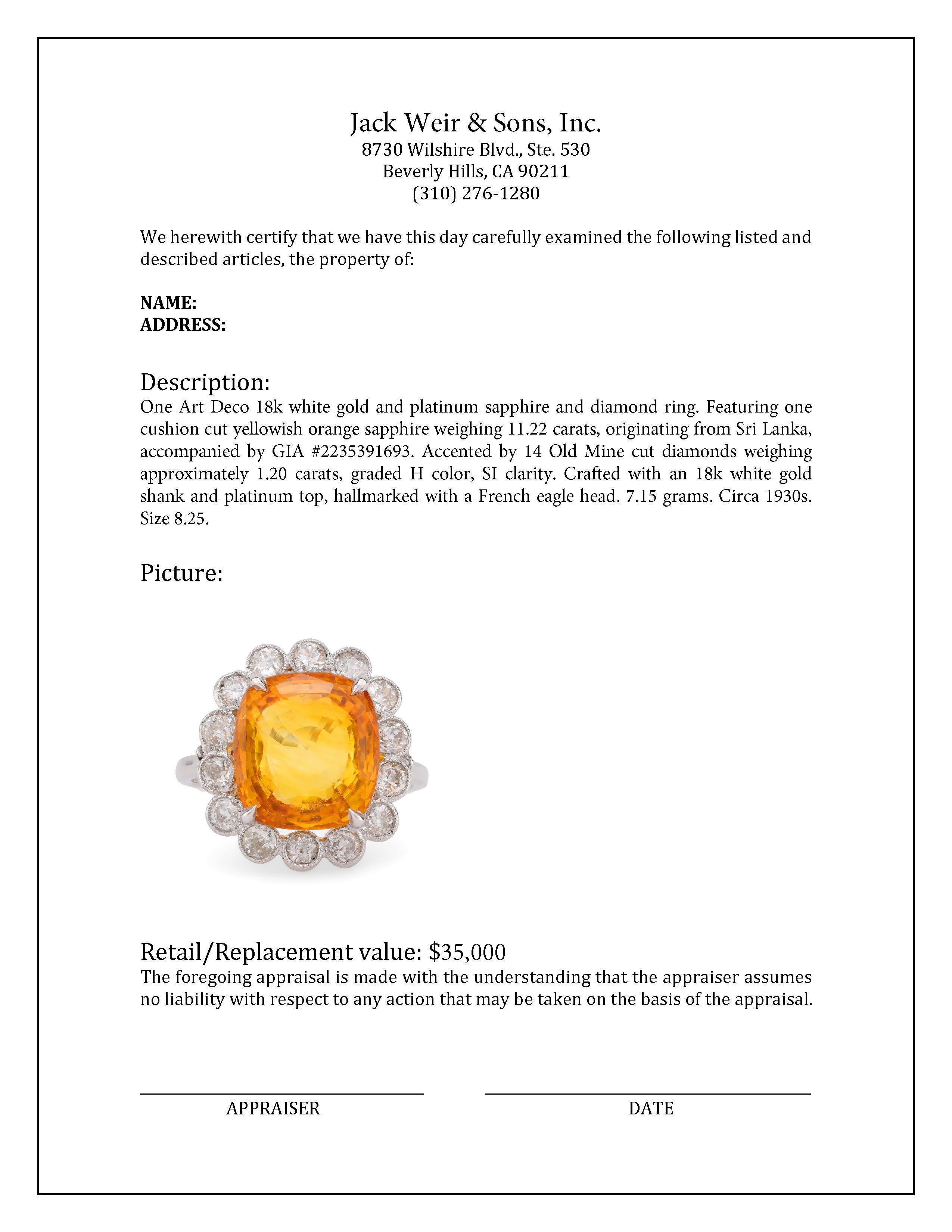 Anillo francés Art Déco GIA 11,22 quilates zafiro naranja diamante platino en Excelente Estado en Beverly Hills, CA