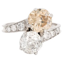 Französisches Art déco GIA 1,55 Karat. & 1,13 Karat. Alter Minenschliff Diamant Toi et Moi Ring