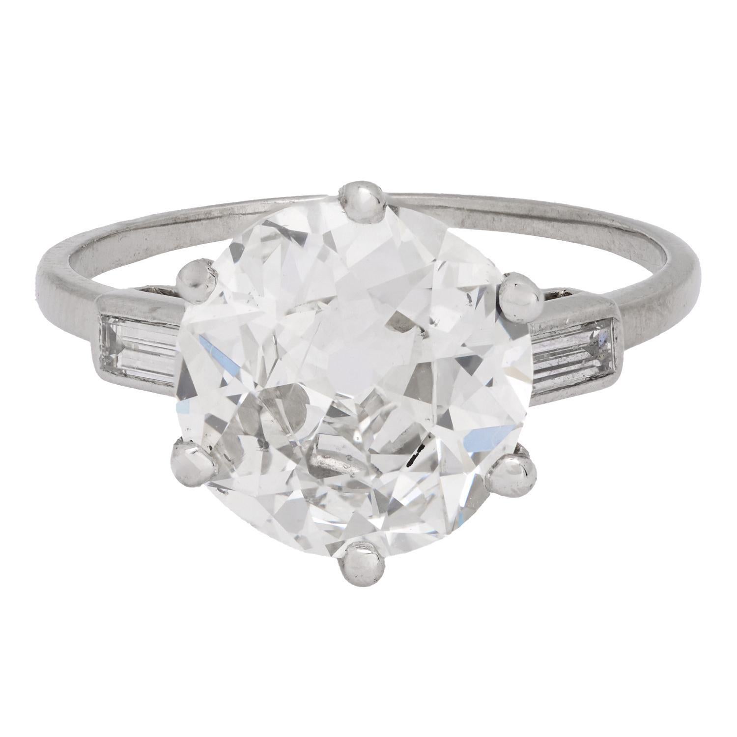 Taille vieille Europe Bague de fiançailles Art déco française en platine avec diamant taille européenne ancienne de 3,62 carats certifié GIA