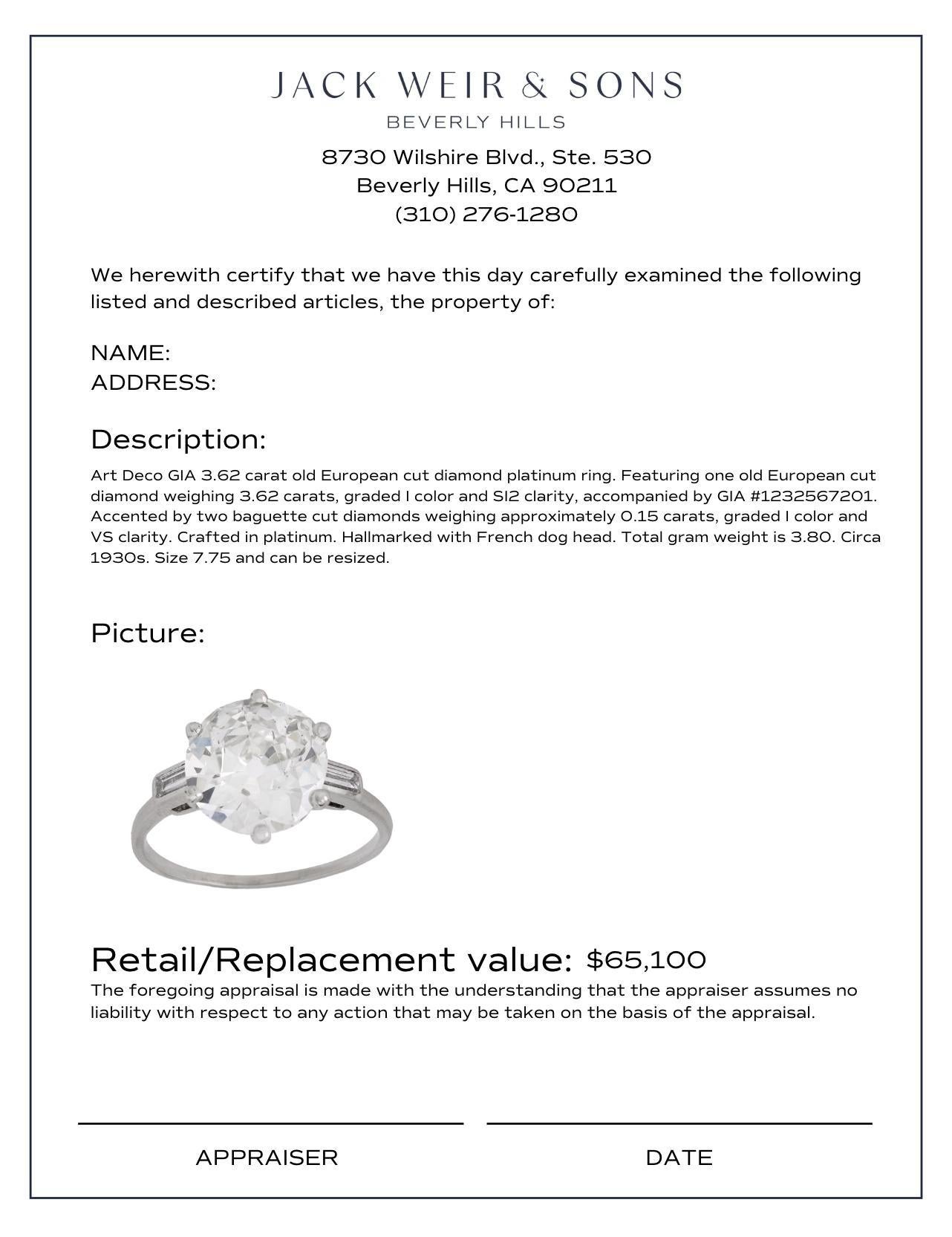 Bague de fiançailles Art déco française en platine avec diamant taille européenne ancienne de 3,62 carats certifié GIA 1