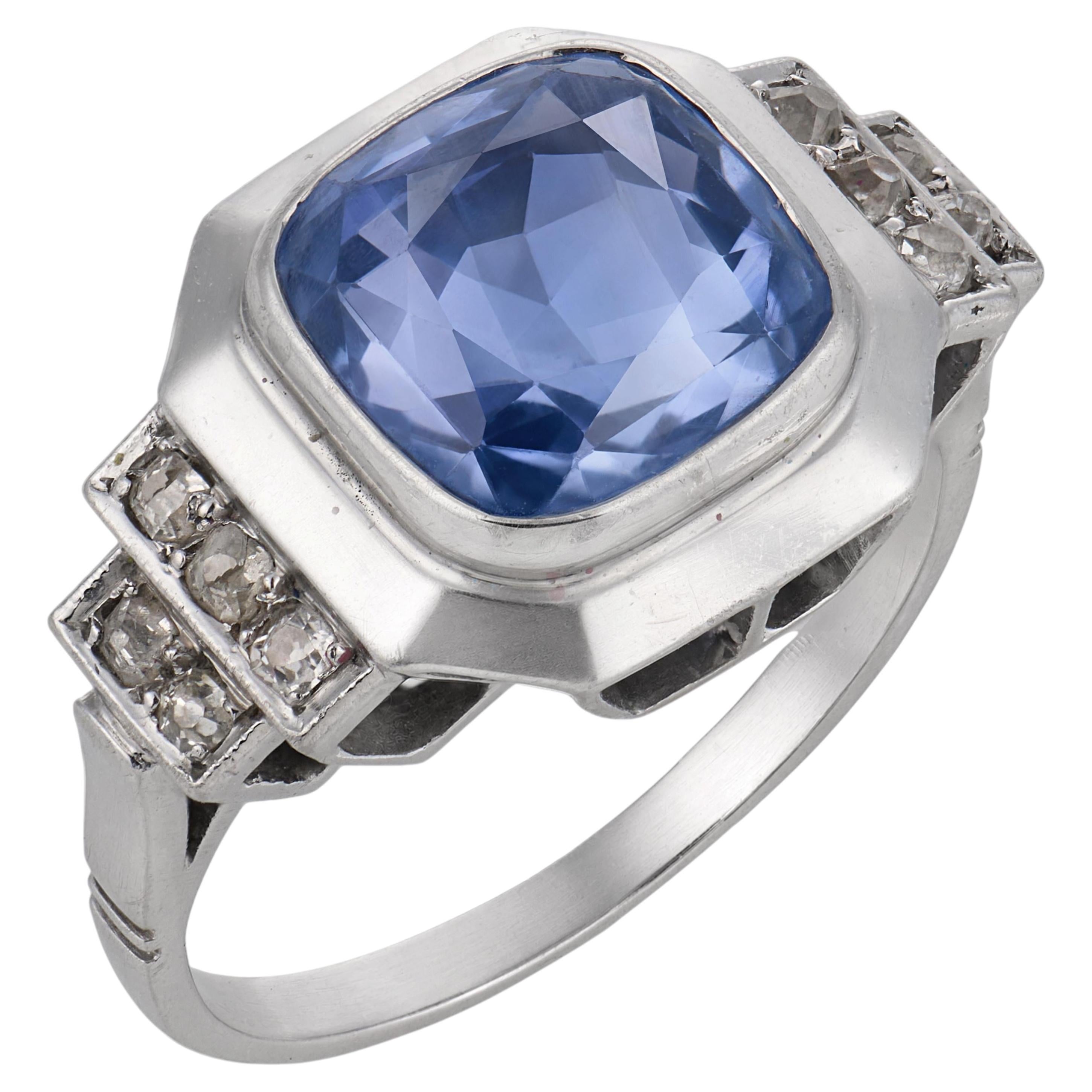 French Art Deco GIA 4.50 carat Ceylon no heat sapphire diamond platinum ring