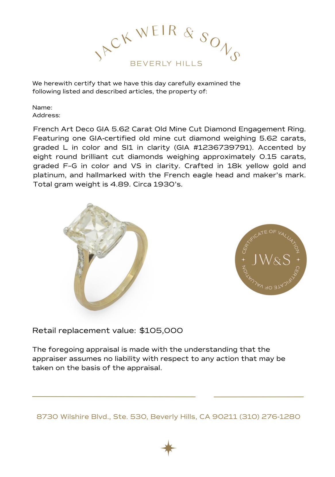 Bague de fiançailles Art déco français GIA 5,62 carats diamant taille ancienne en vente 2