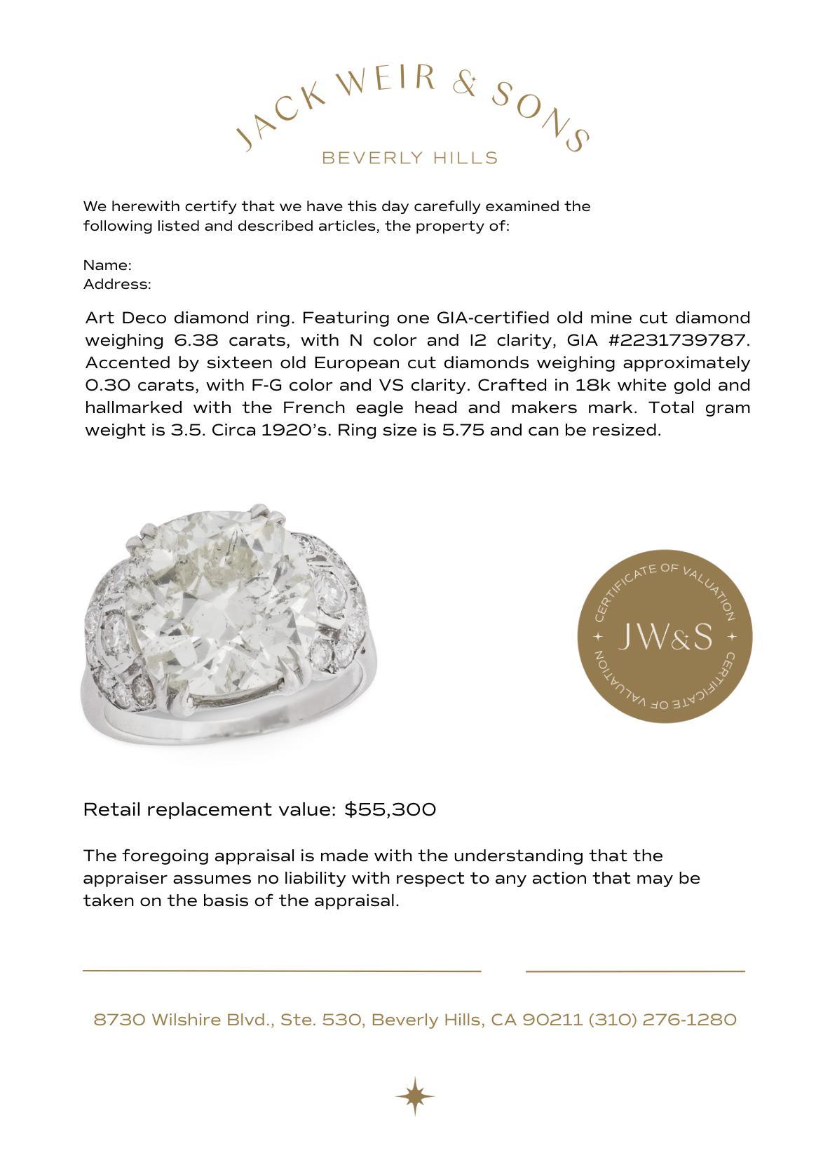 Anello Art Deco francese GIA da 6,38 carati con diamante old mine cut in oro bianco 18 carati in vendita 3