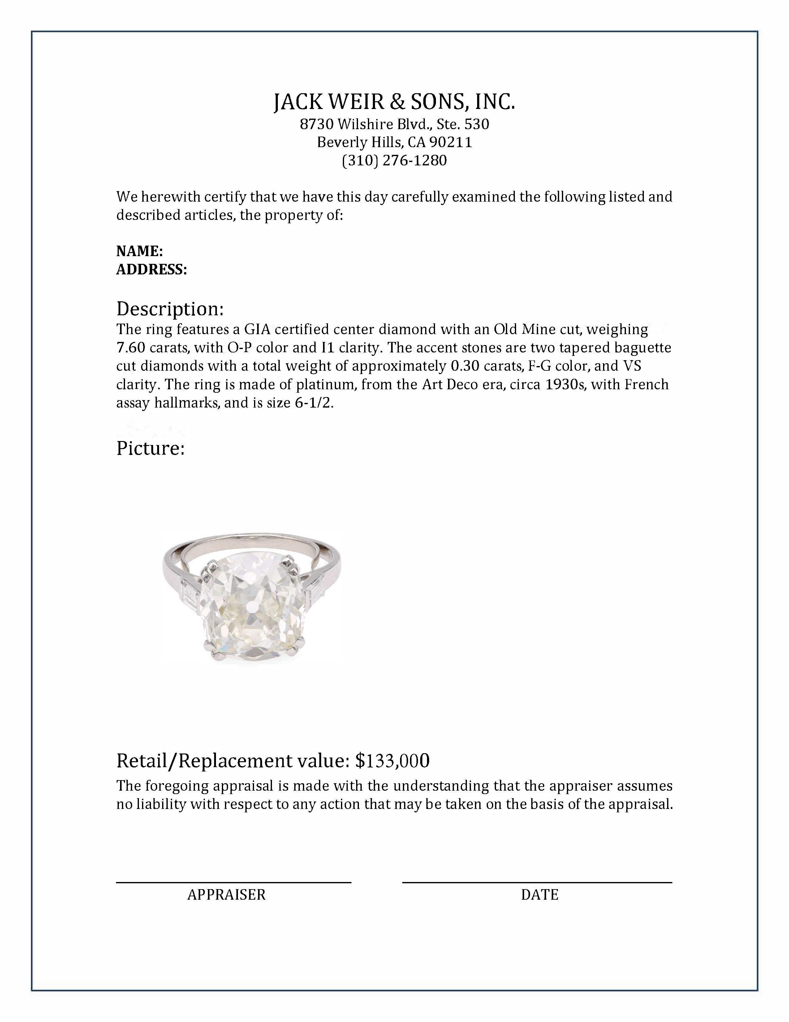 Women's or Men's French Art Deco GIA 7.60 Carat Old Mine Cut Diamond Platinum Ring For Sale