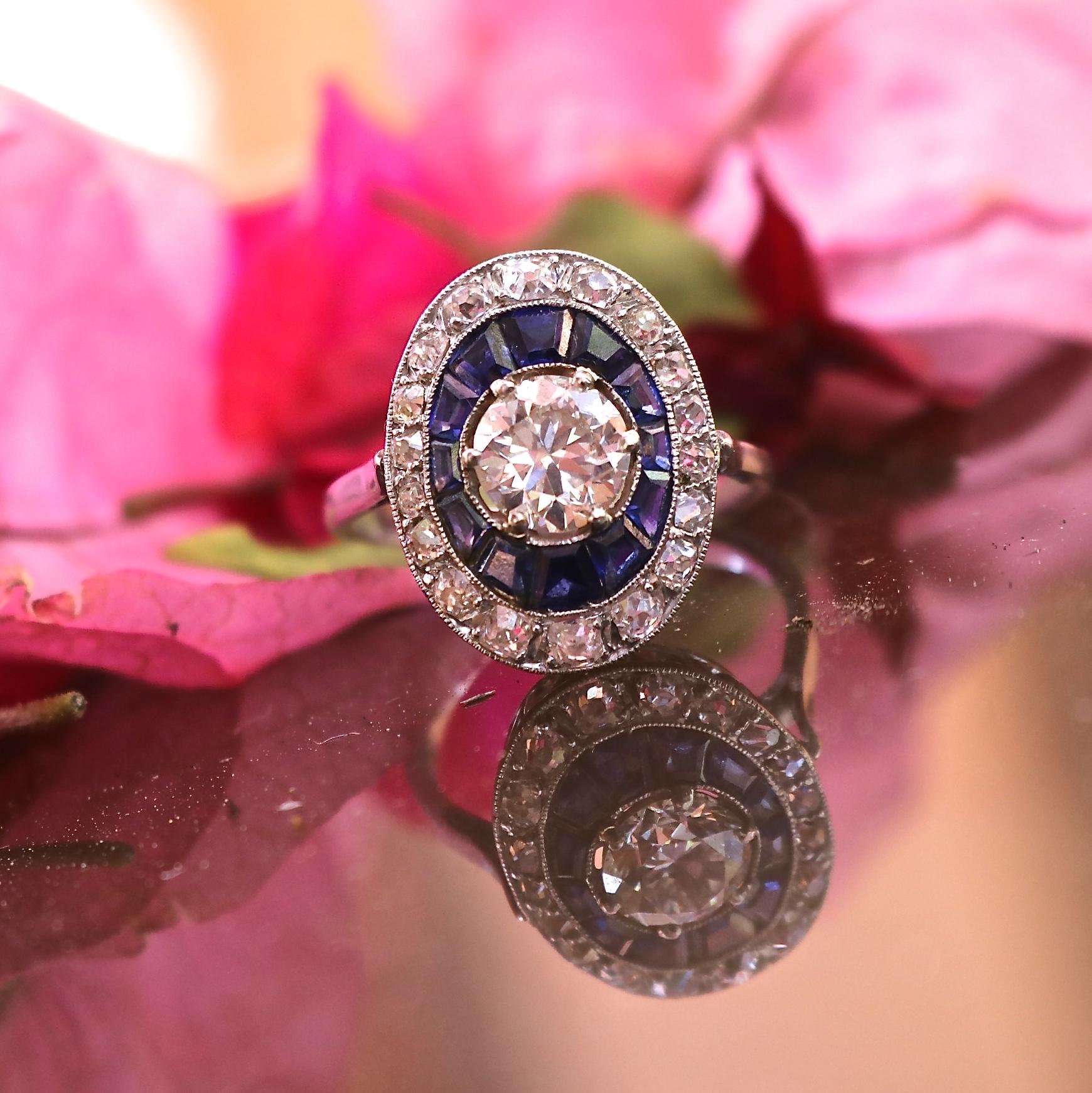 Women's French Art Deco GIA Certified Old European Cut Diamond Sapphire Platinum Ring