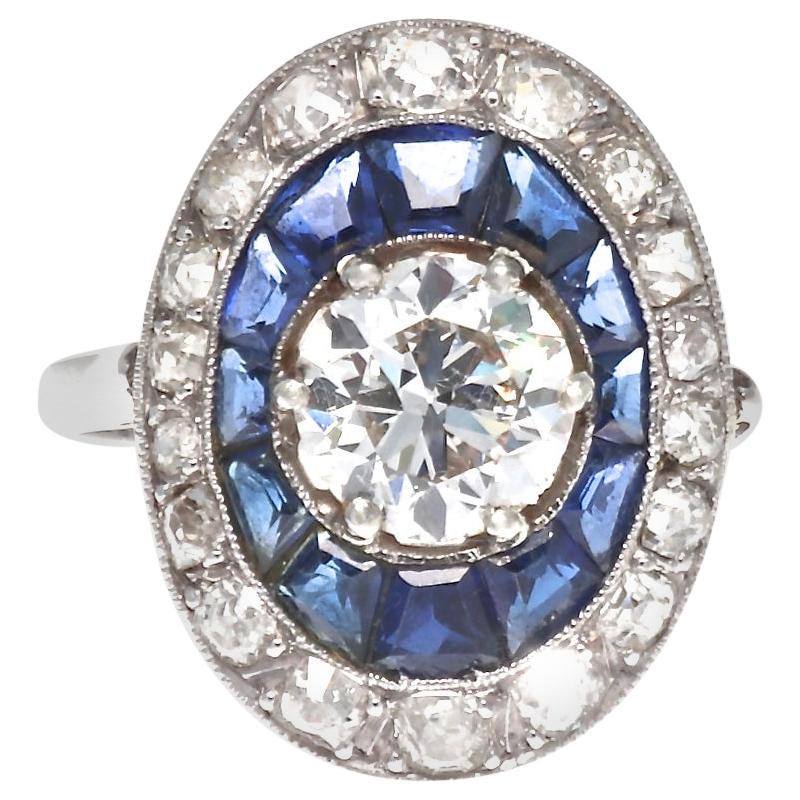 French Art Deco GIA Certified Old European Cut Diamond Sapphire Platinum Ring