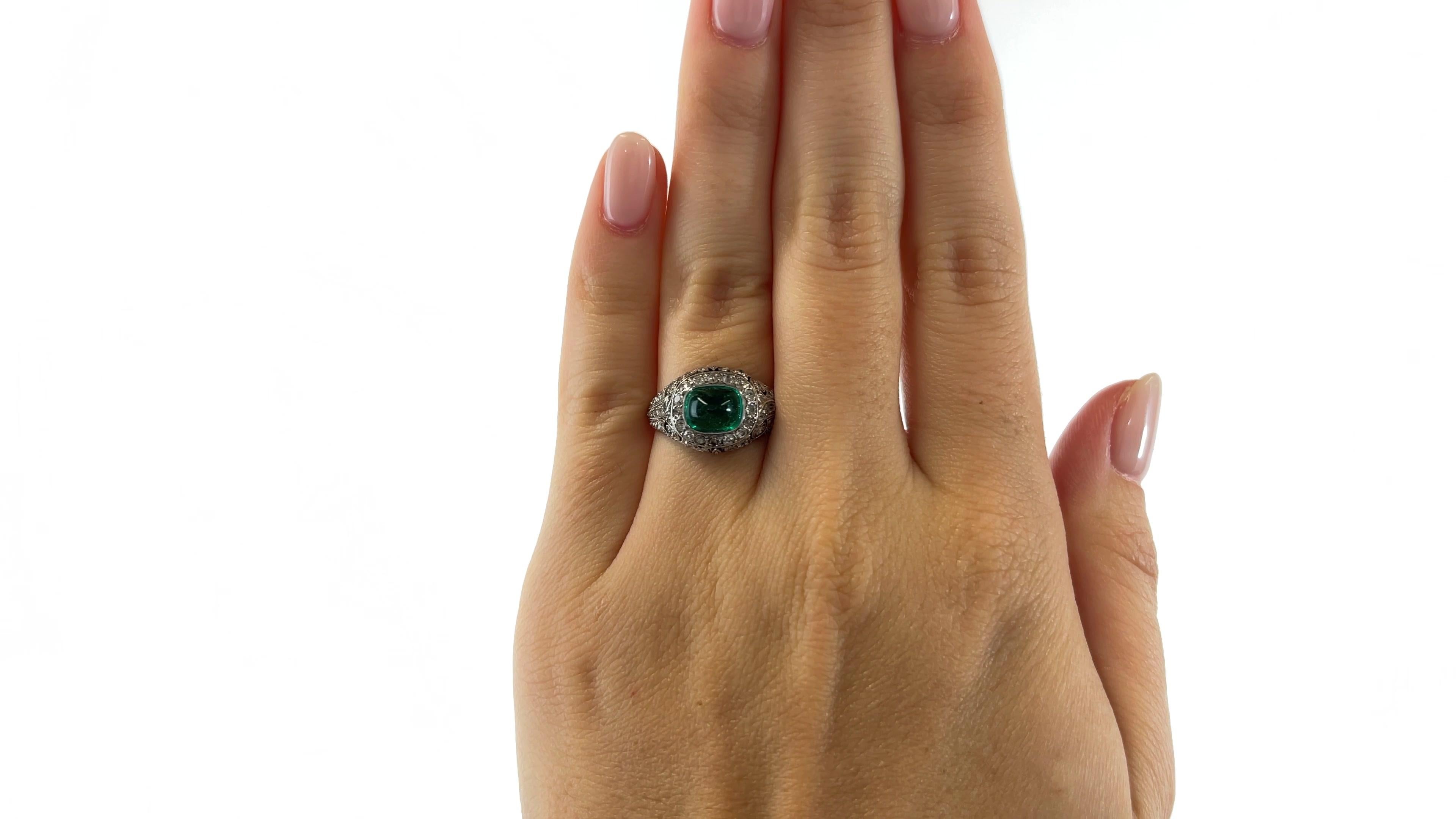 Cabochon French Art Deco GIA Colombian Emerald Diamond Platinum Filigree Ring