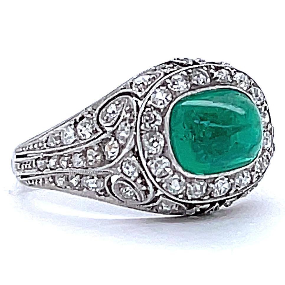 French Art Deco GIA Colombian Emerald Diamond Platinum Filigree Ring In Excellent Condition In Beverly Hills, CA