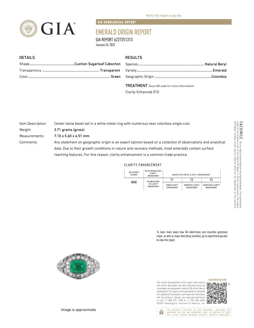 French Art Deco GIA Colombian Emerald Diamond Platinum Filigree Ring 2