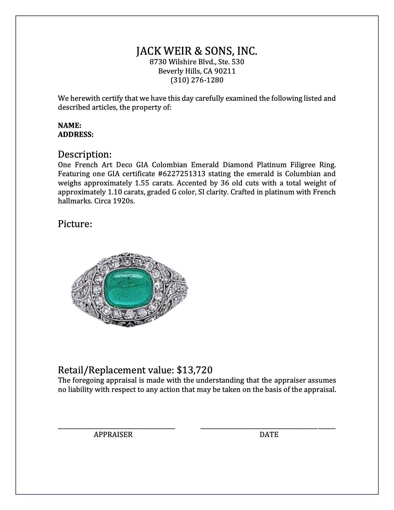 French Art Deco GIA Colombian Emerald Diamond Platinum Filigree Ring 3