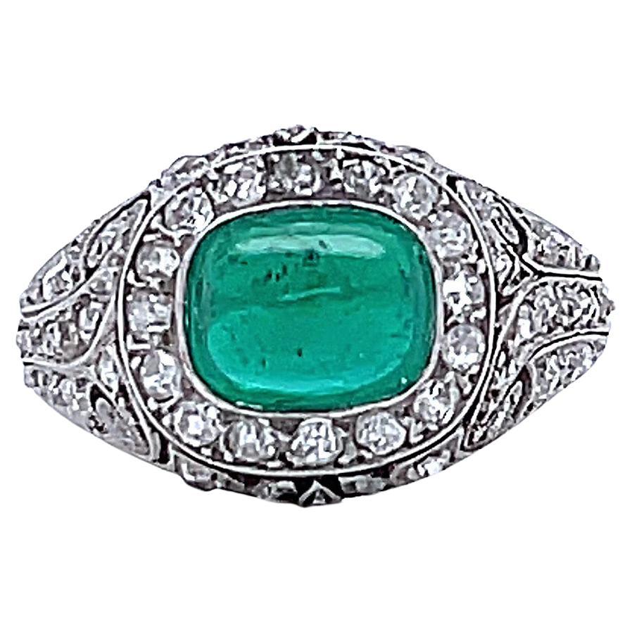 French Art Deco GIA Colombian Emerald Diamond Platinum Filigree Ring