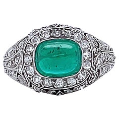 Antique French Art Deco GIA Colombian Emerald Diamond Platinum Filigree Ring