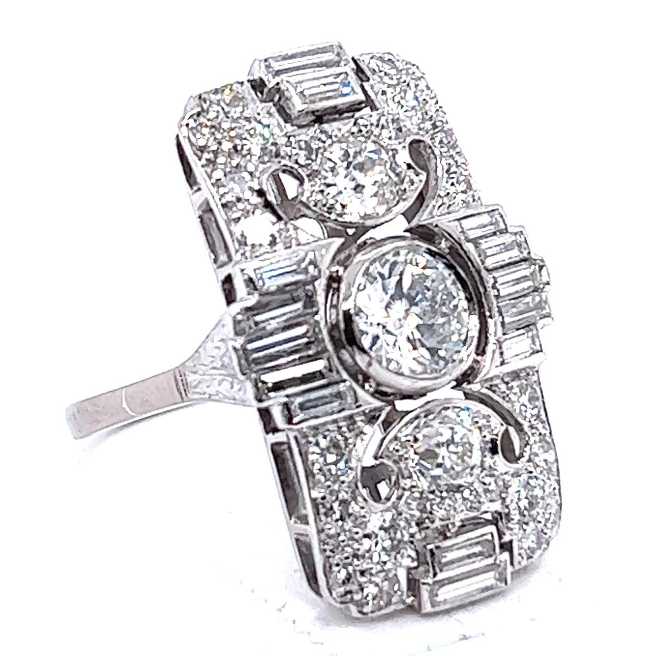 Women's or Men's French Art Deco GIA Diamond Platinum Cocktail Ring