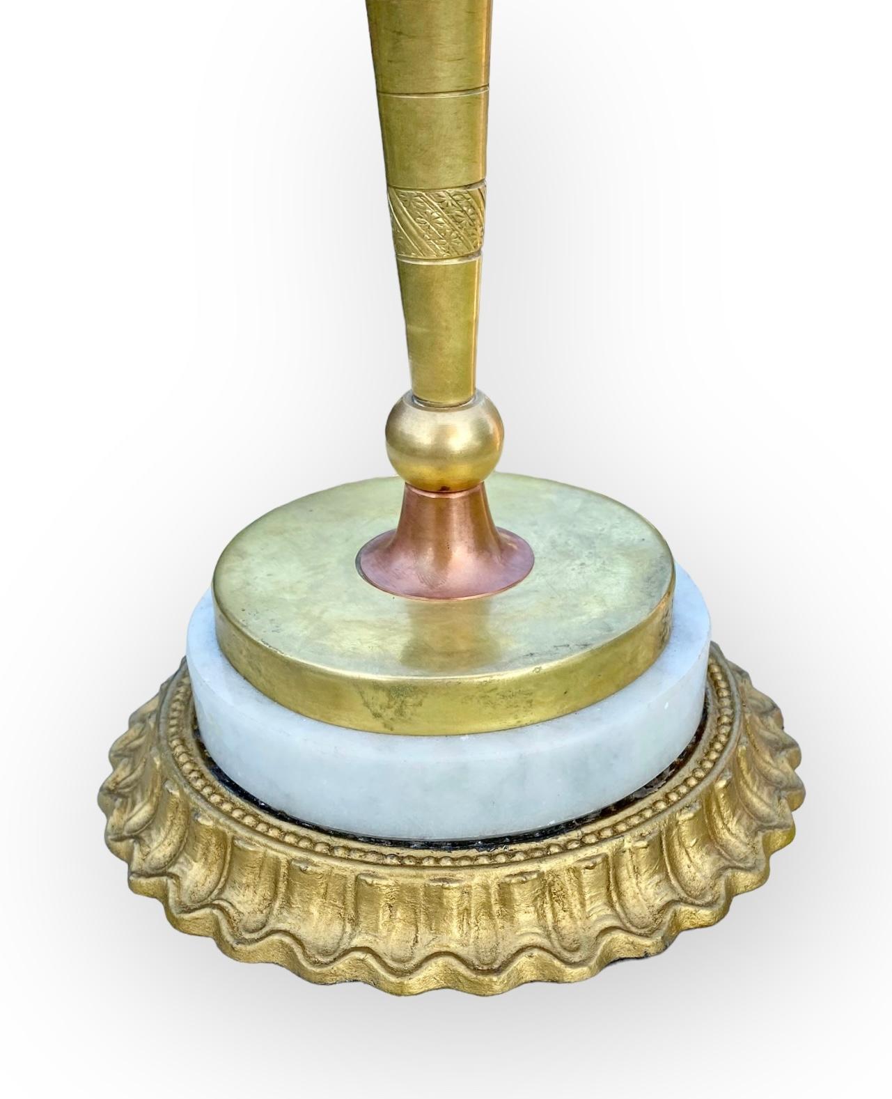 French Art Deco Gilded Brass, Copper And Marble Candlestick Lamp 1