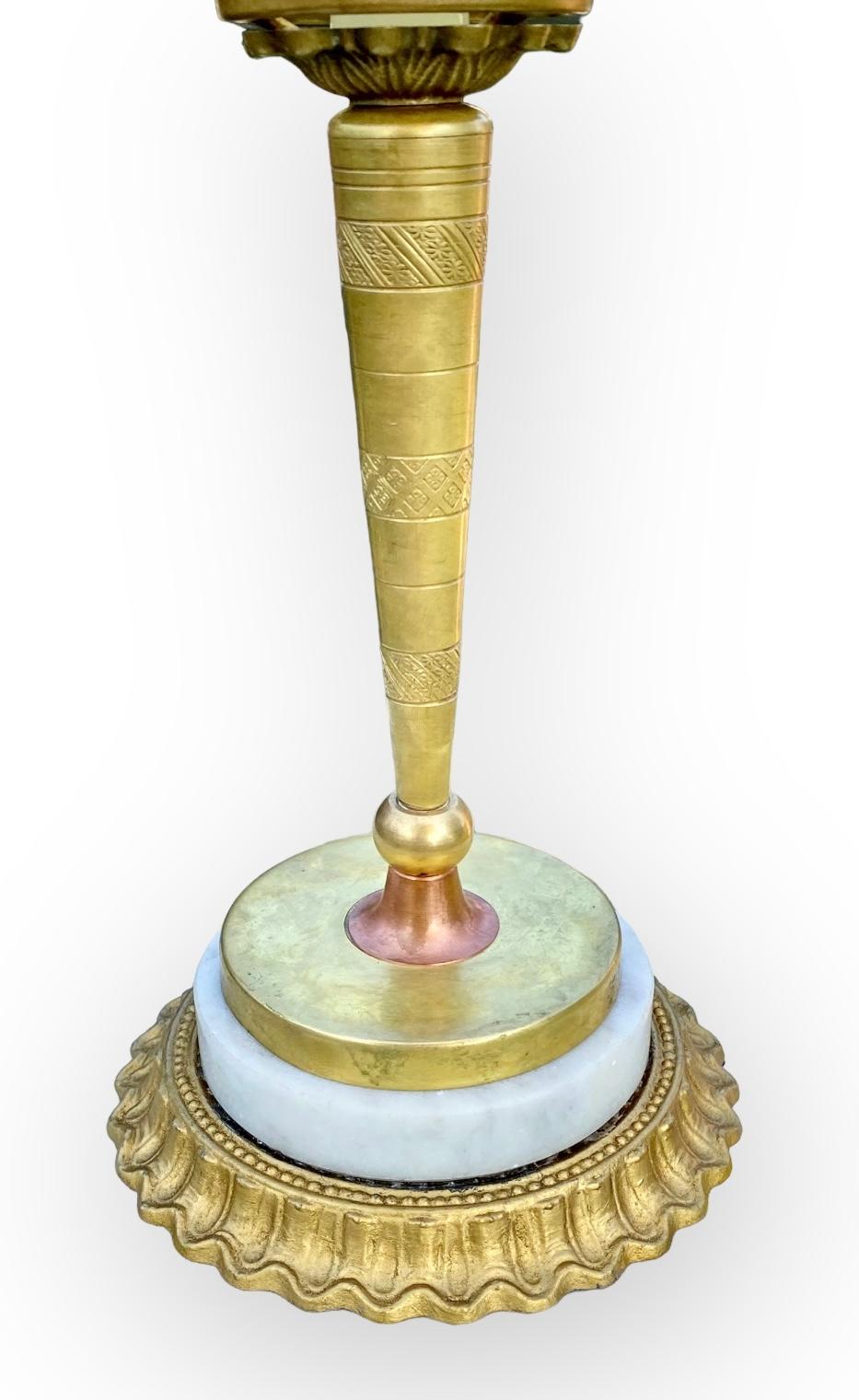 French Art Deco Gilded Brass, Copper And Marble Candlestick Lamp 2
