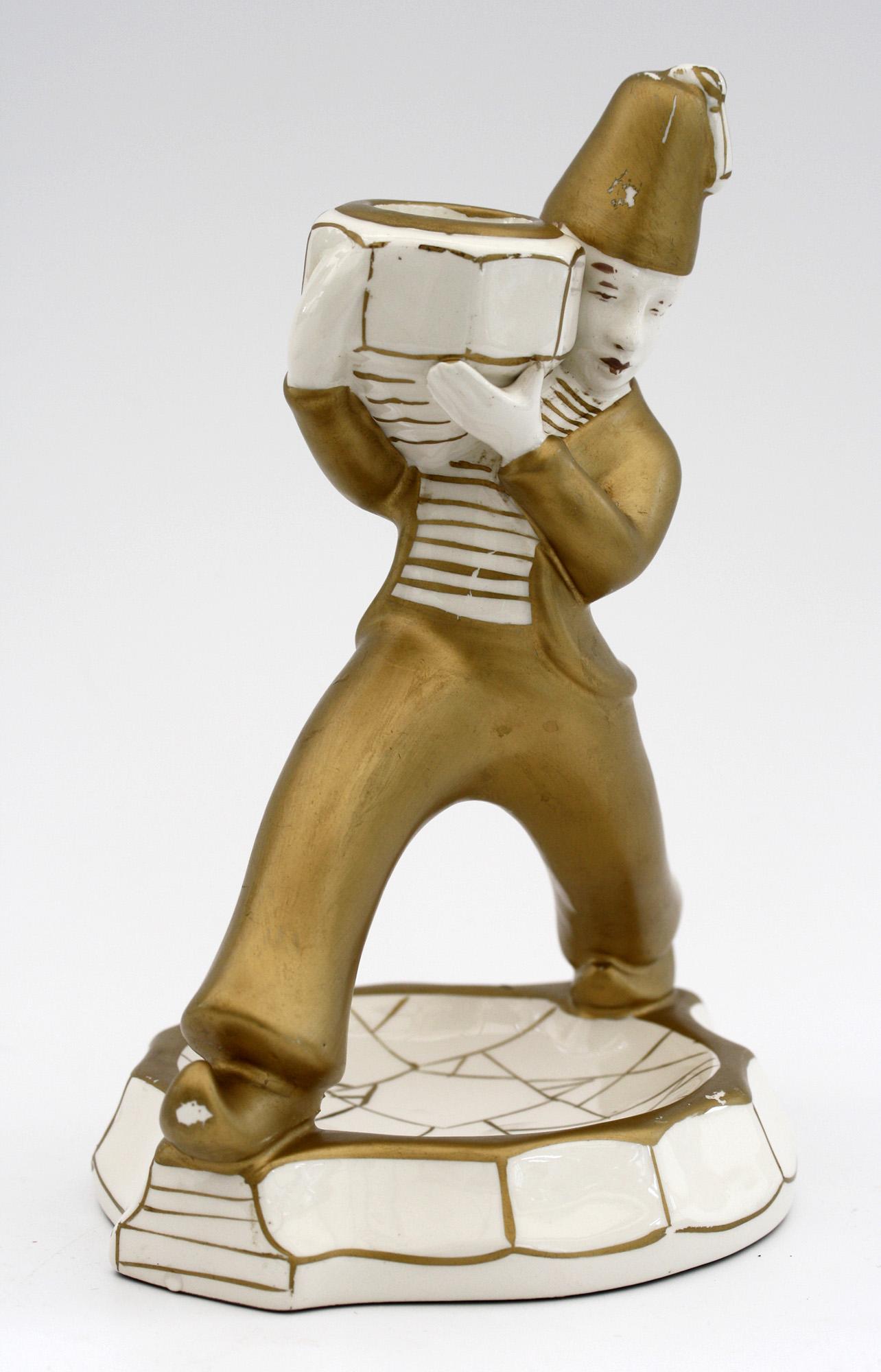 French Art Deco Gilded Pottery Figural Candlestick, circa 1930 4