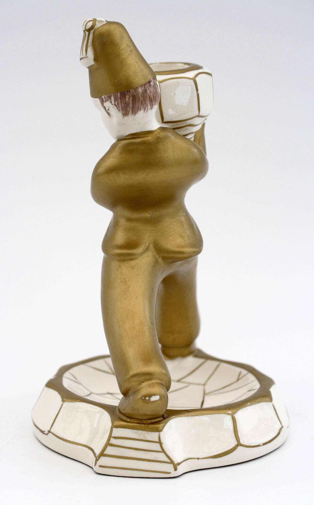 Hand-Painted French Art Deco Gilded Pottery Figural Candlestick, circa 1930