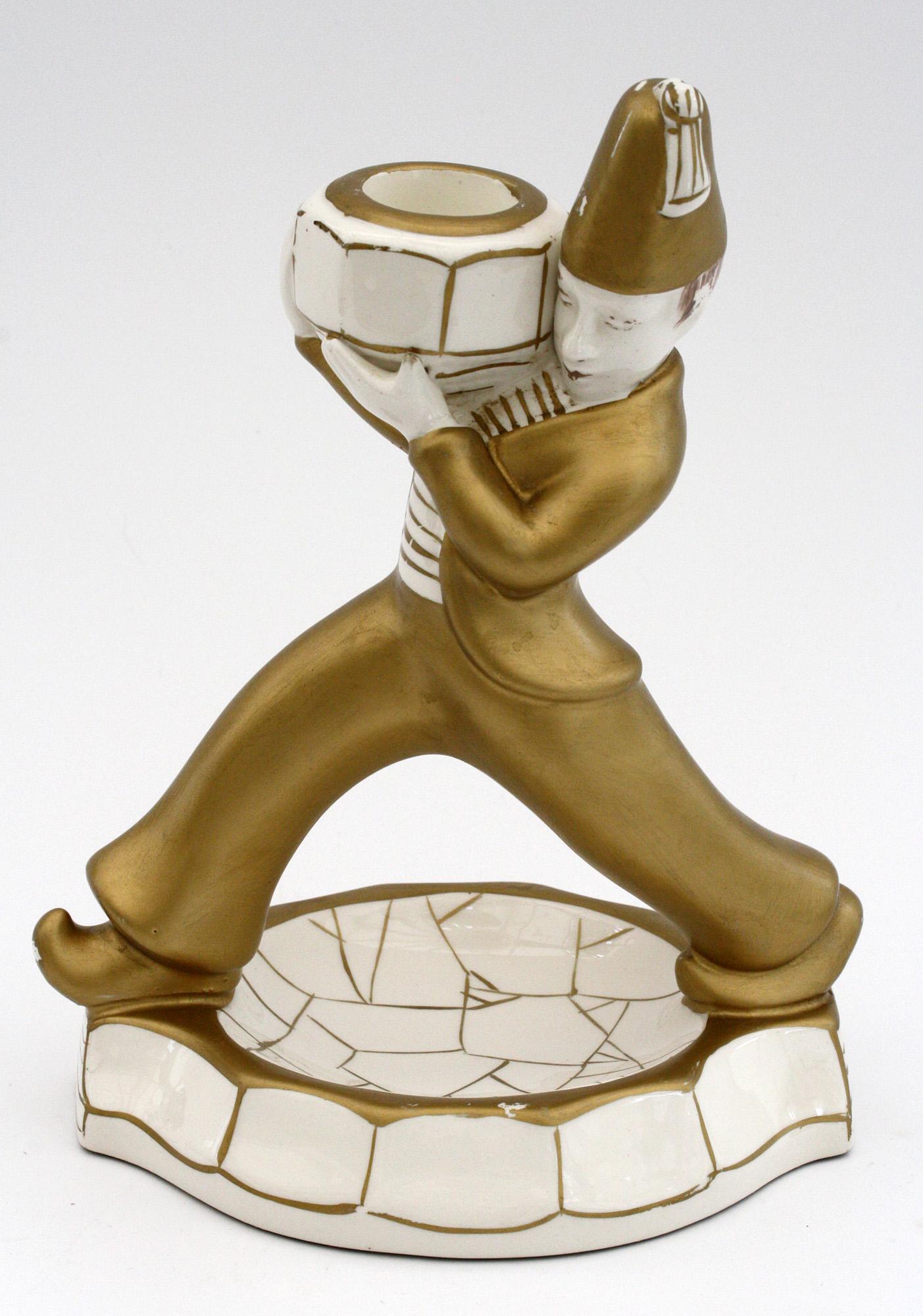 French Art Deco Gilded Pottery Figural Candlestick, circa 1930 2
