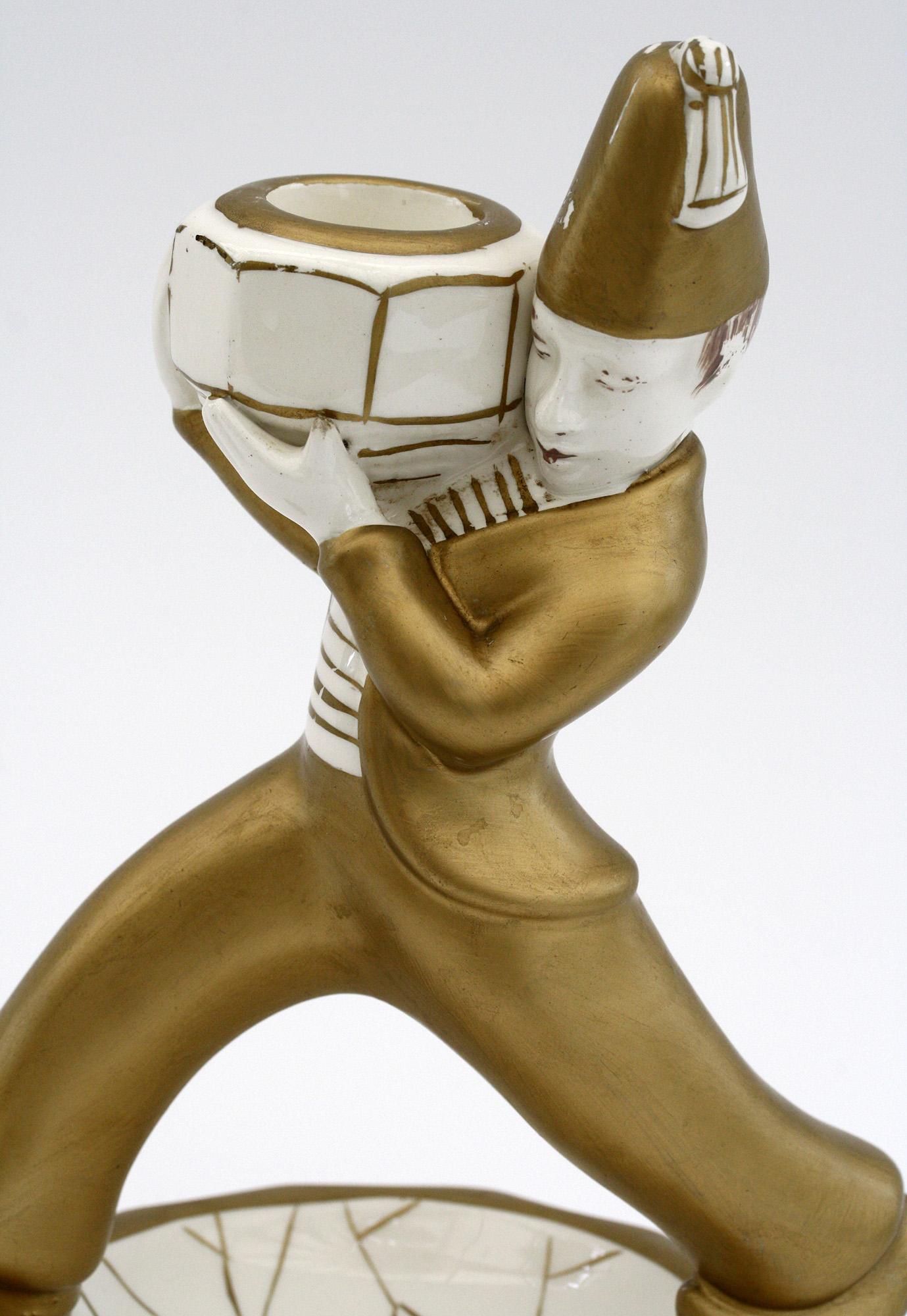 French Art Deco Gilded Pottery Figural Candlestick, circa 1930 3