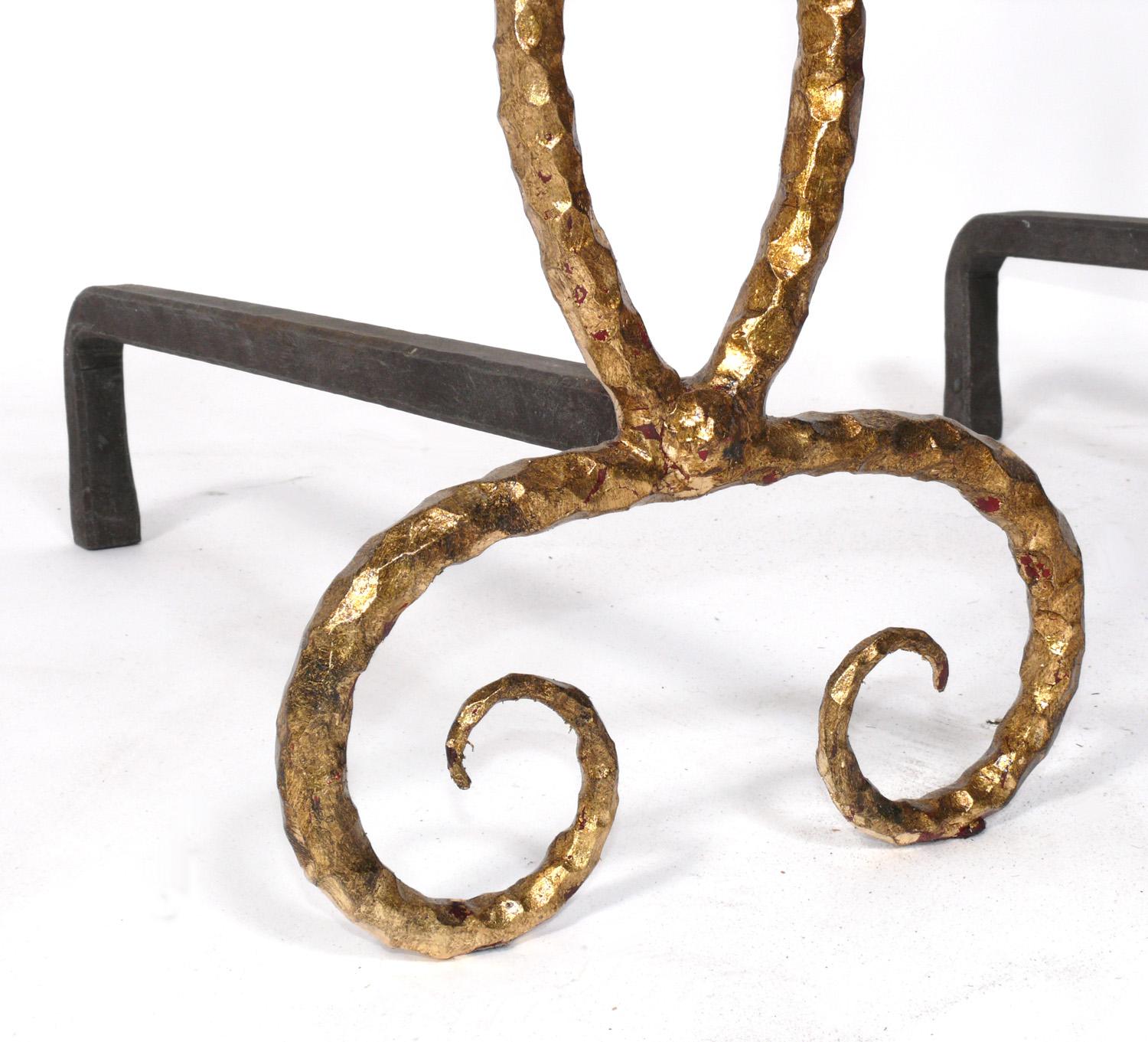 French Art Deco Gilt Andirons Attributed to Rene Drouet In Distressed Condition For Sale In Atlanta, GA