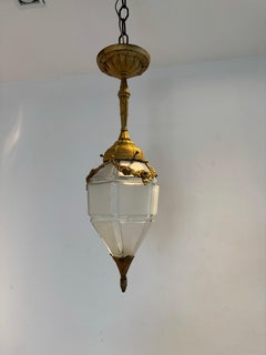 French Art Deco Gilt Bronze and Glass Hall Lantern, Circa 1930