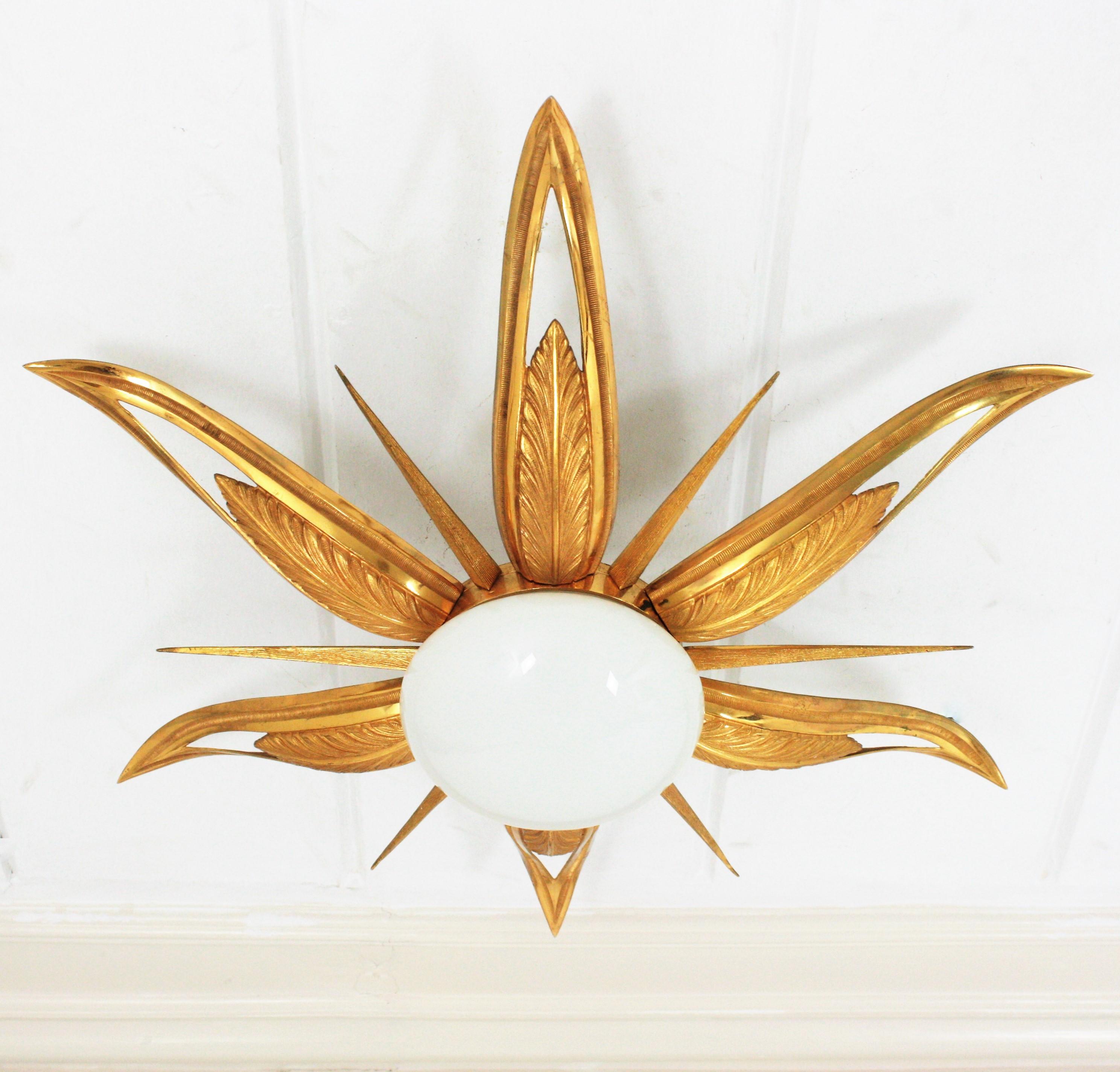 French Art Deco Gilt Bronze and Milk Glass Starburst Sunburst Flush Mount  6