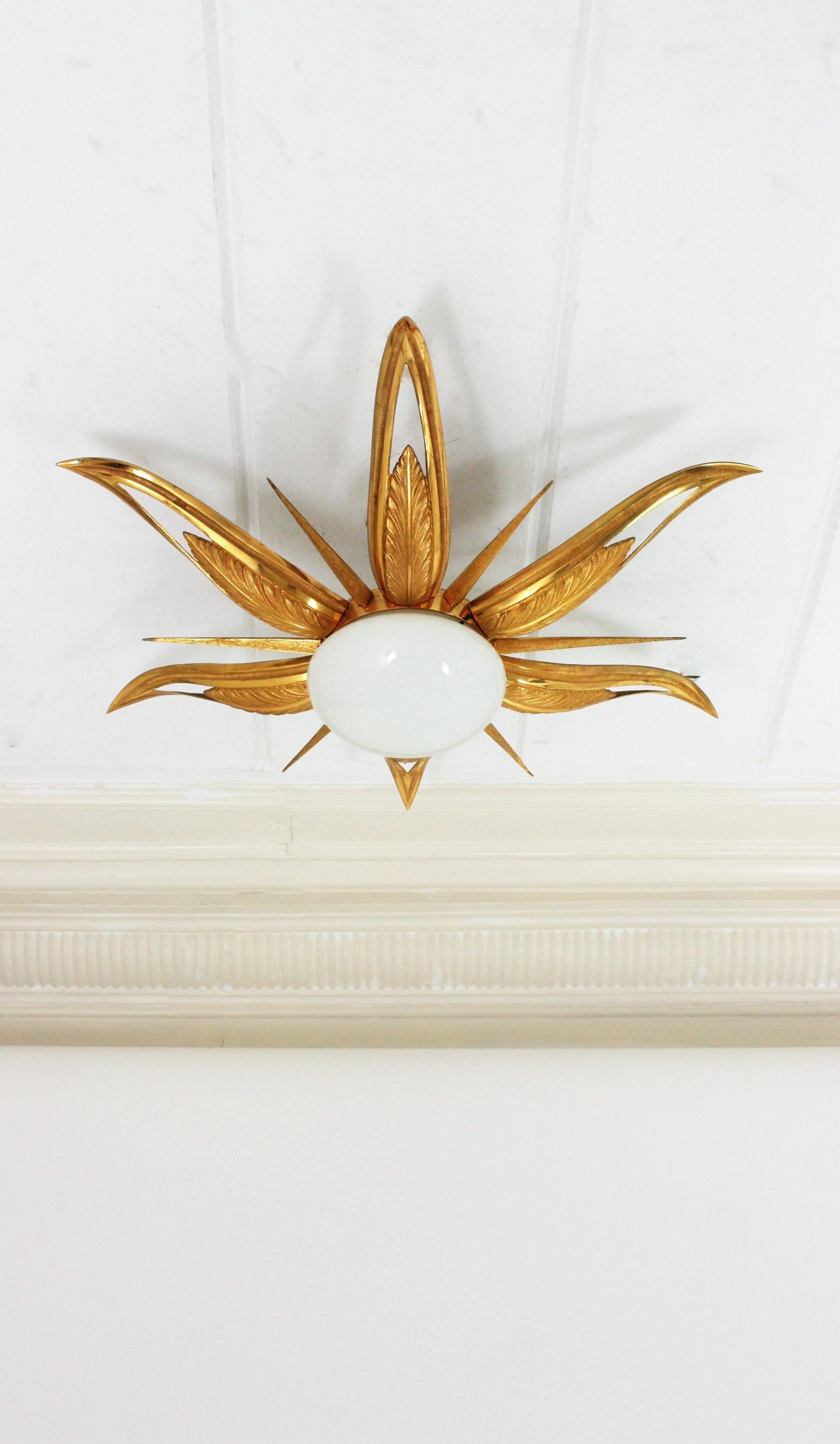 French Art Deco Gilt Bronze and Milk Glass Starburst Sunburst Flush Mount  7