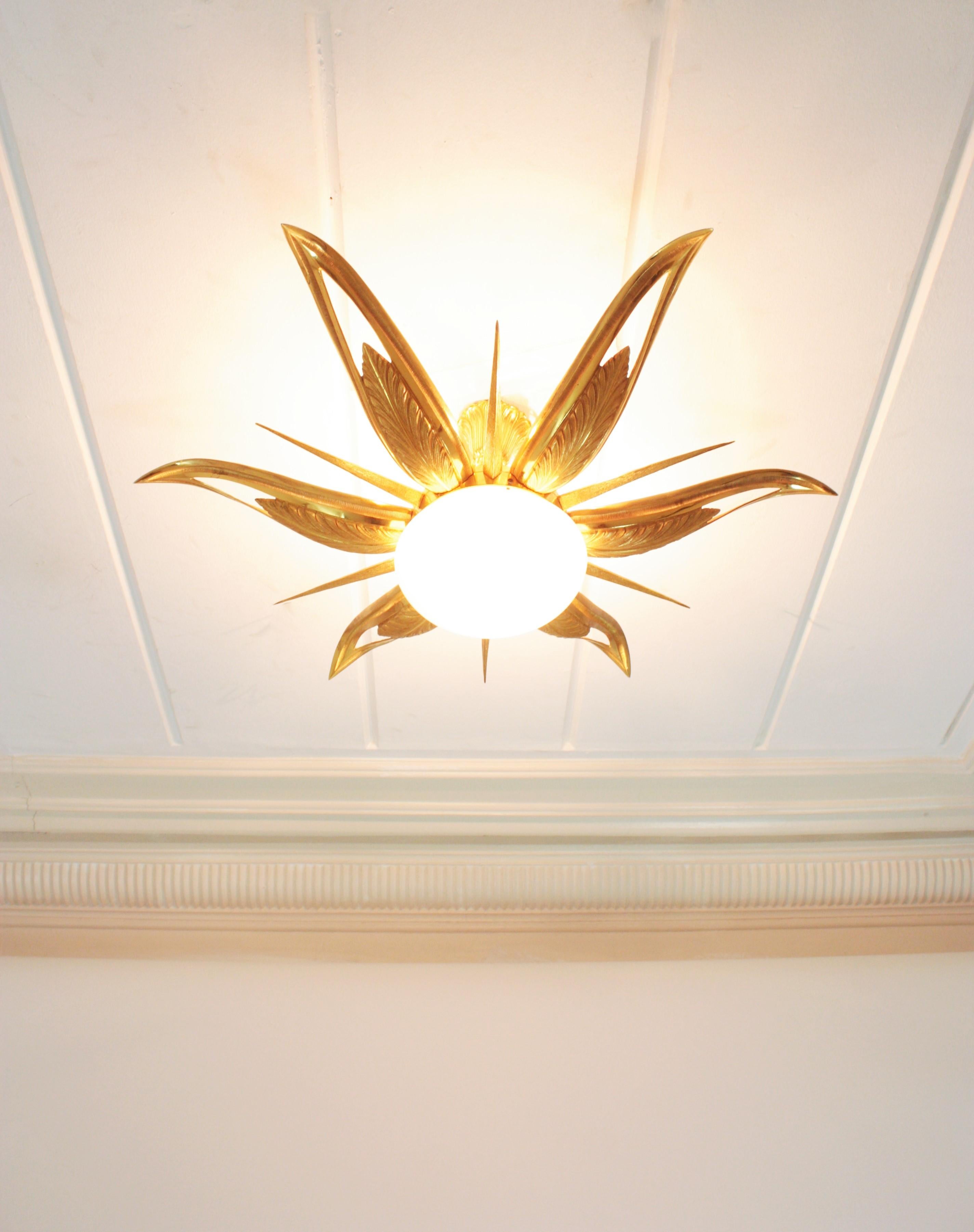 French Art Deco Gilt Bronze and Milk Glass Starburst Sunburst Flush Mount  9