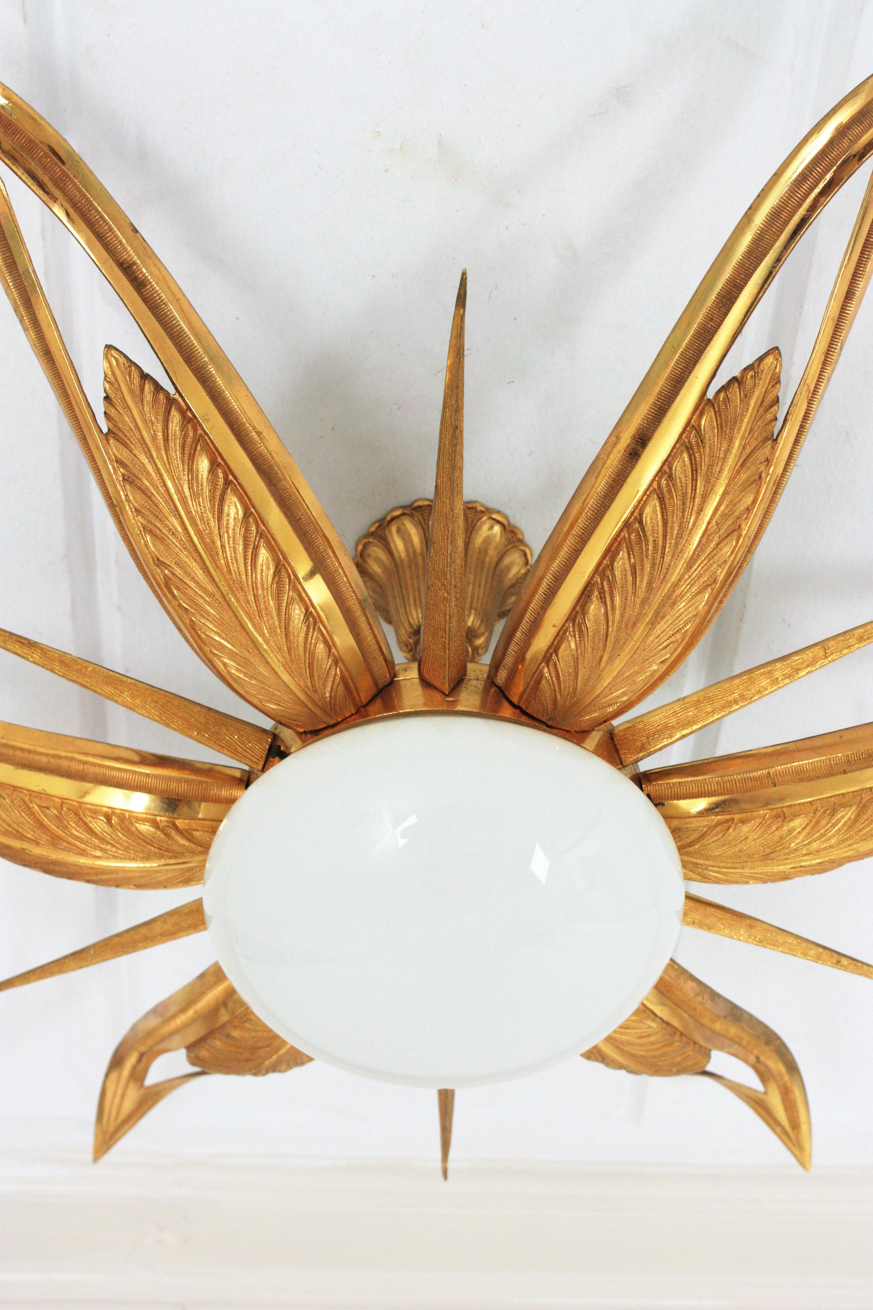 French Art Deco Gilt Bronze and Milk Glass Starburst Sunburst Flush Mount  12
