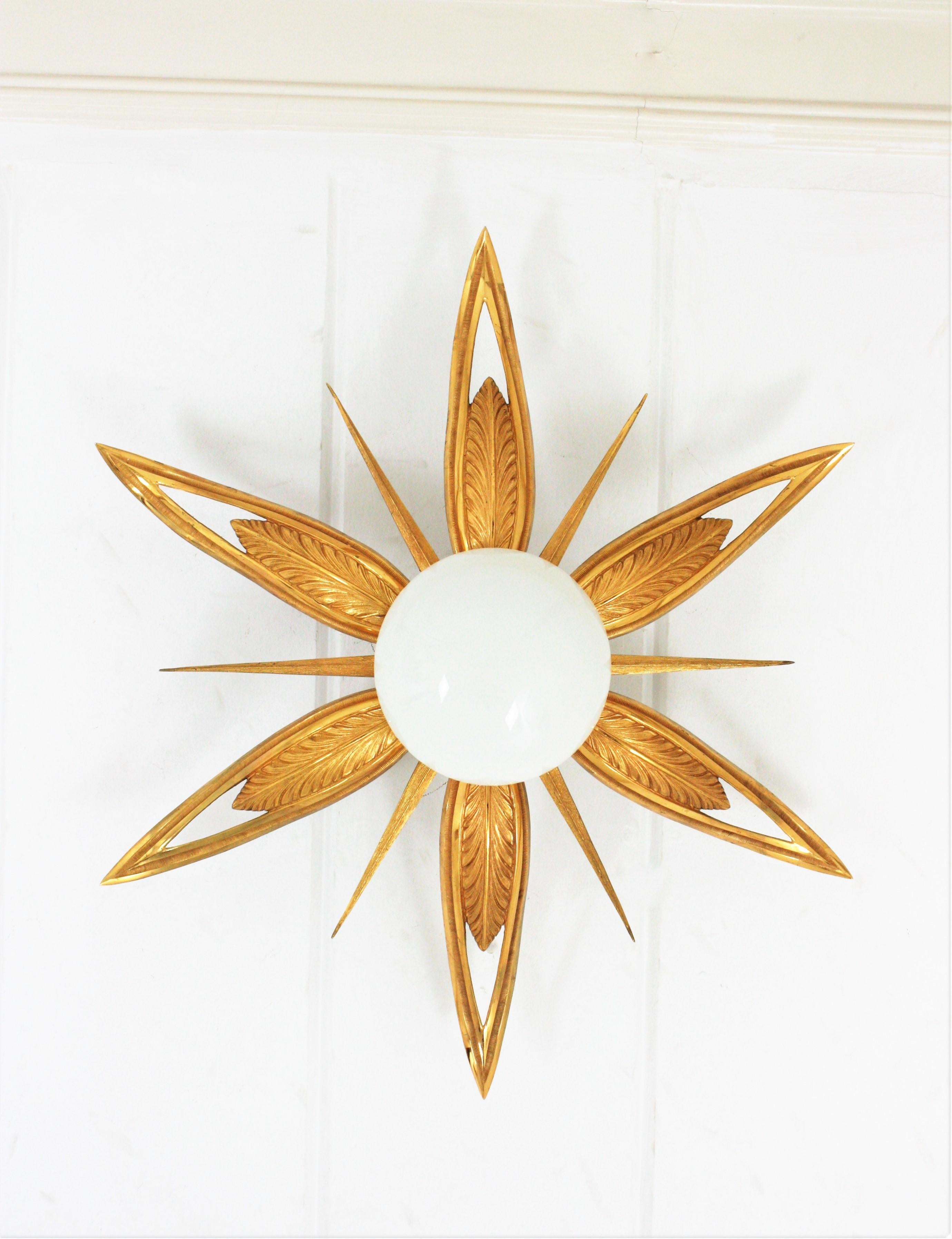 Engraved French Art Deco Gilt Bronze and Milk Glass Starburst Sunburst Flush Mount 