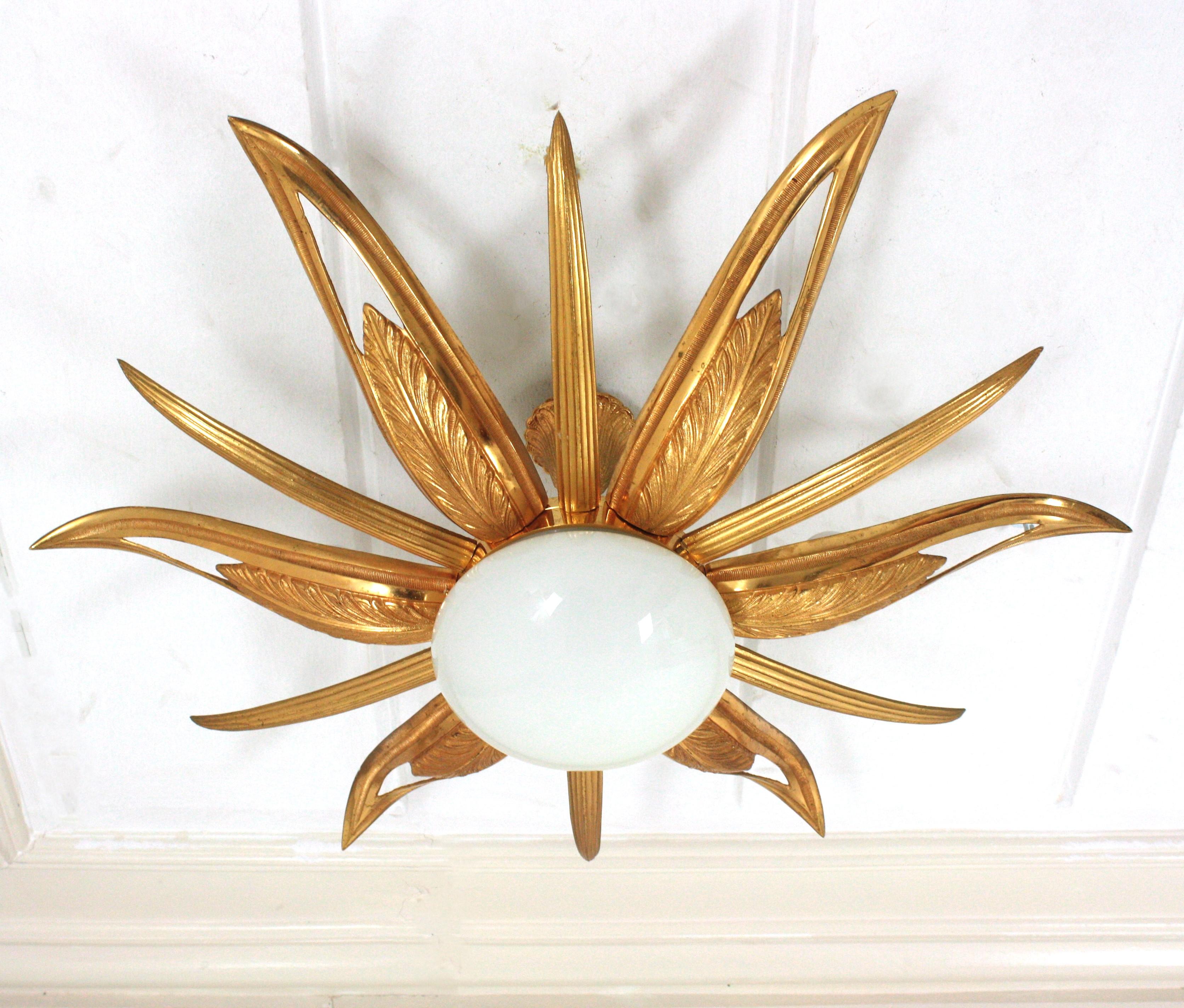 20th Century French Art Deco Gilt Bronze and Milk Glass Starburst Sunburst Flush Mount