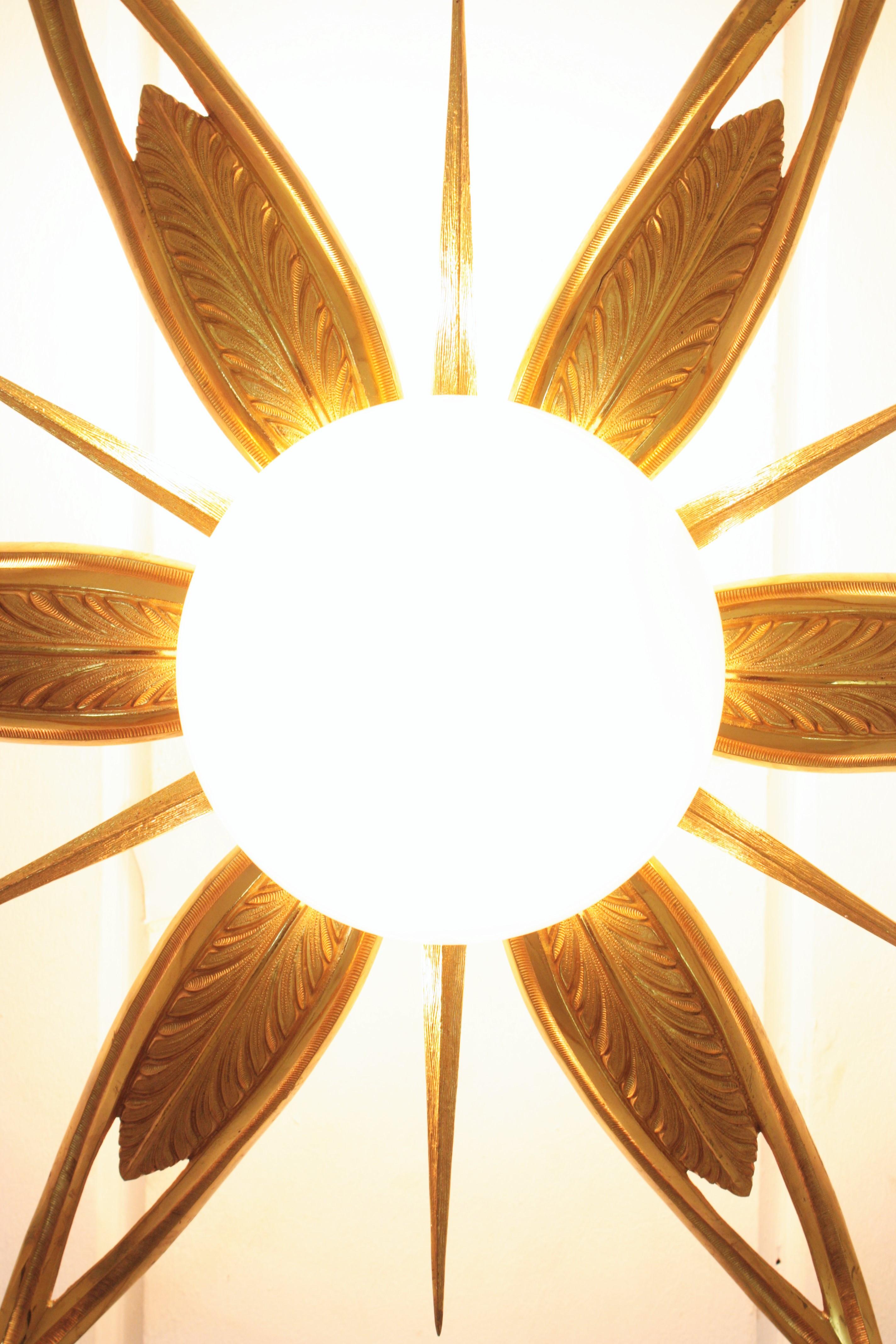 French Art Deco Gilt Bronze and Milk Glass Starburst Sunburst Flush Mount  2