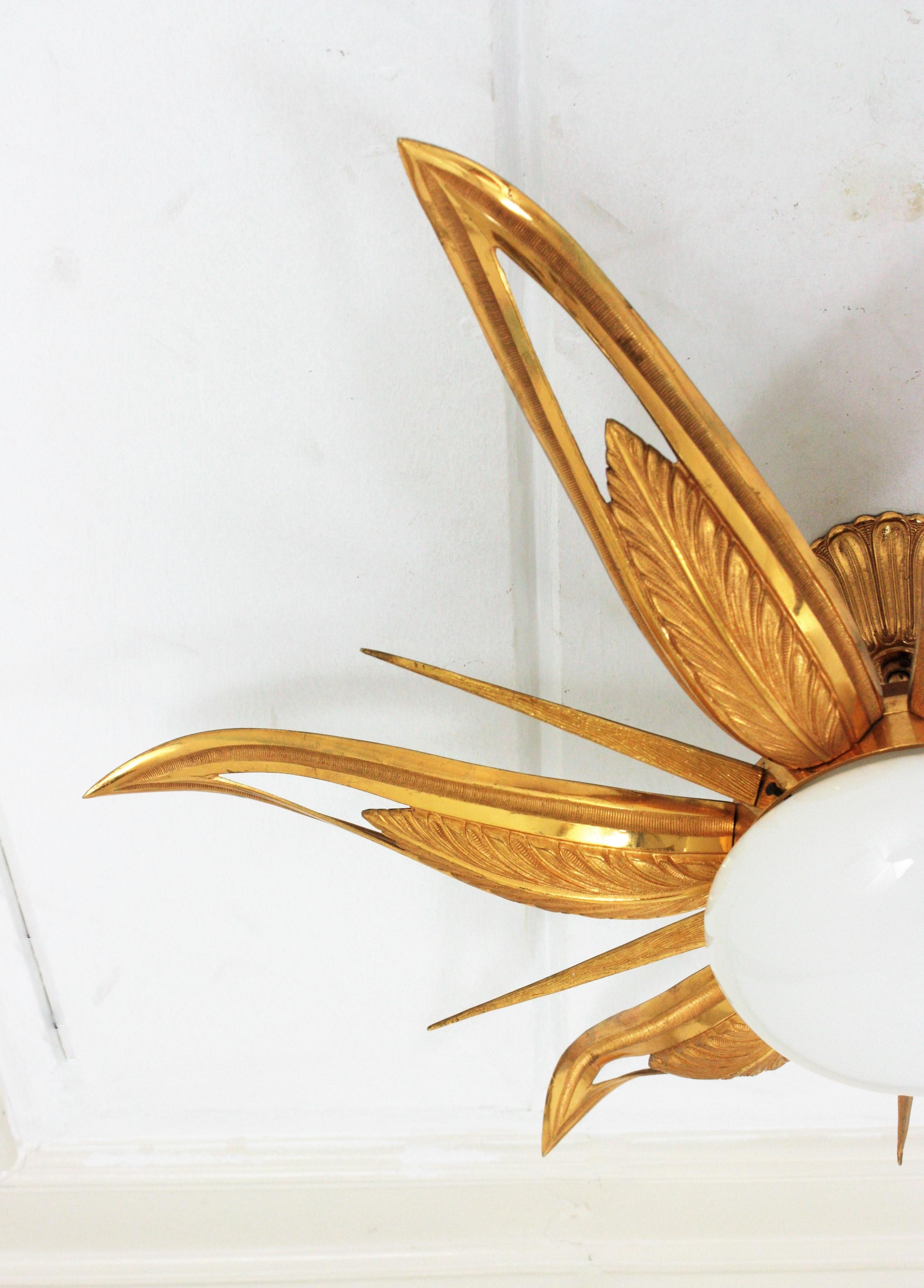 French Art Deco Gilt Bronze and Milk Glass Starburst Sunburst Flush Mount  3
