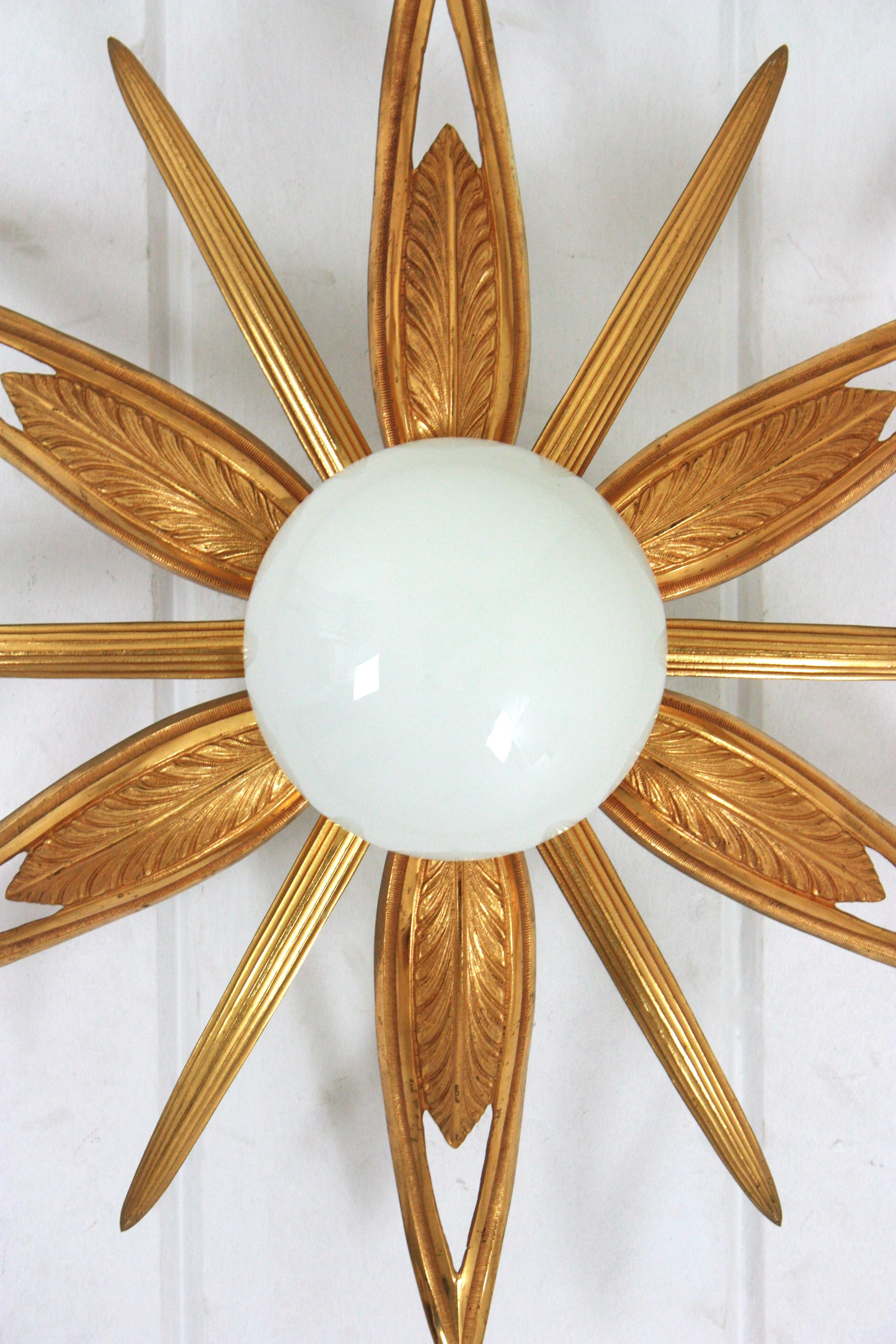 French Art Deco Gilt Bronze and Milk Glass Starburst Sunburst Flush Mount 3