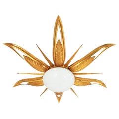 French Art Deco Gilt Bronze and Milk Glass Starburst Sunburst Flush Mount 