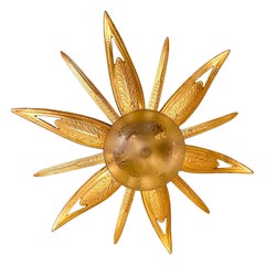 French Art Deco Gilt Bronze original Glass Starburst Sunburst Flush Mount, 1930