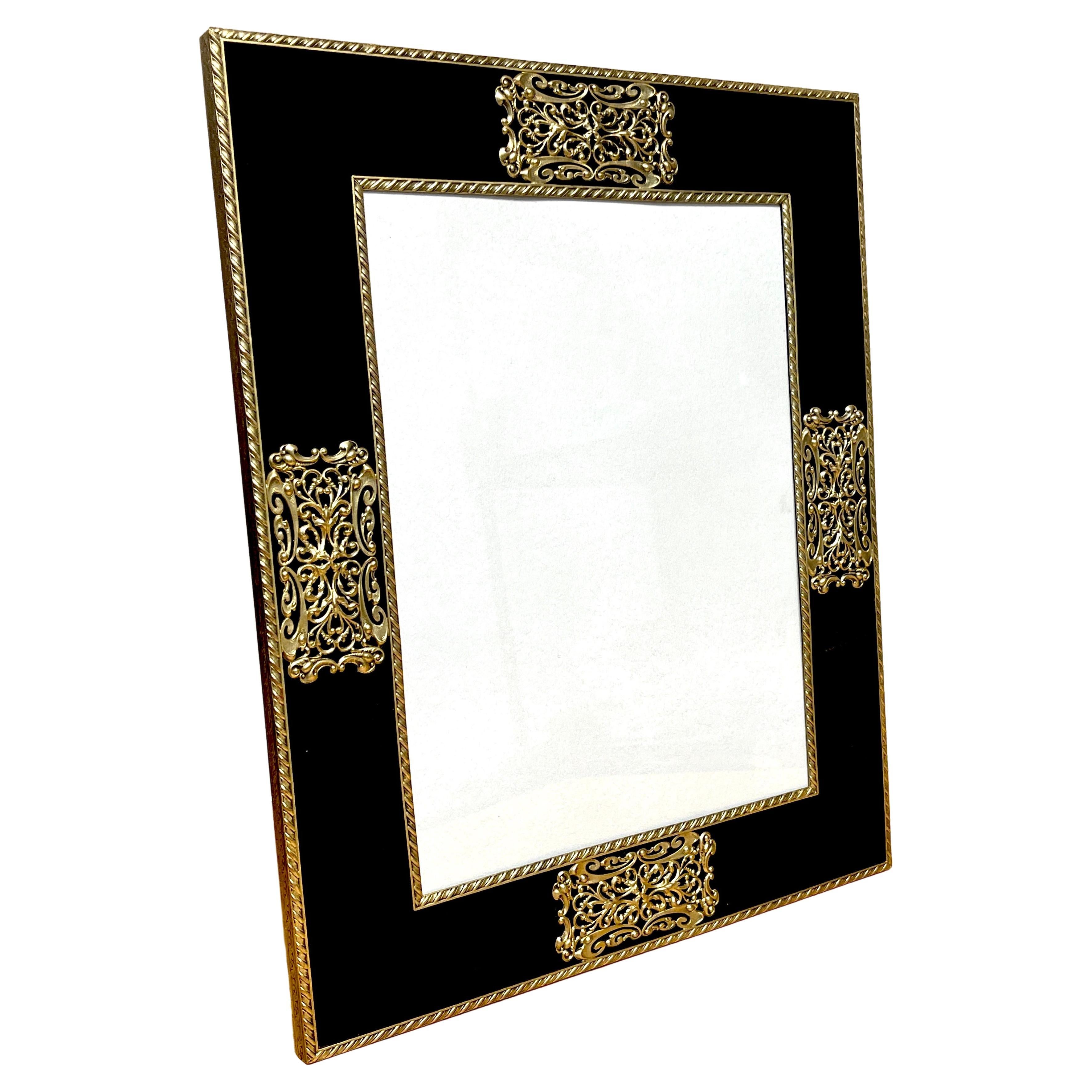 French Art Deco Gilt Bronze & Black Enameled Glass Picture Frame