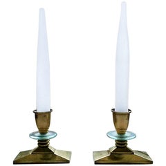 Vintage French Art Deco Gilt Bronze Candlestick Style Table Lamps