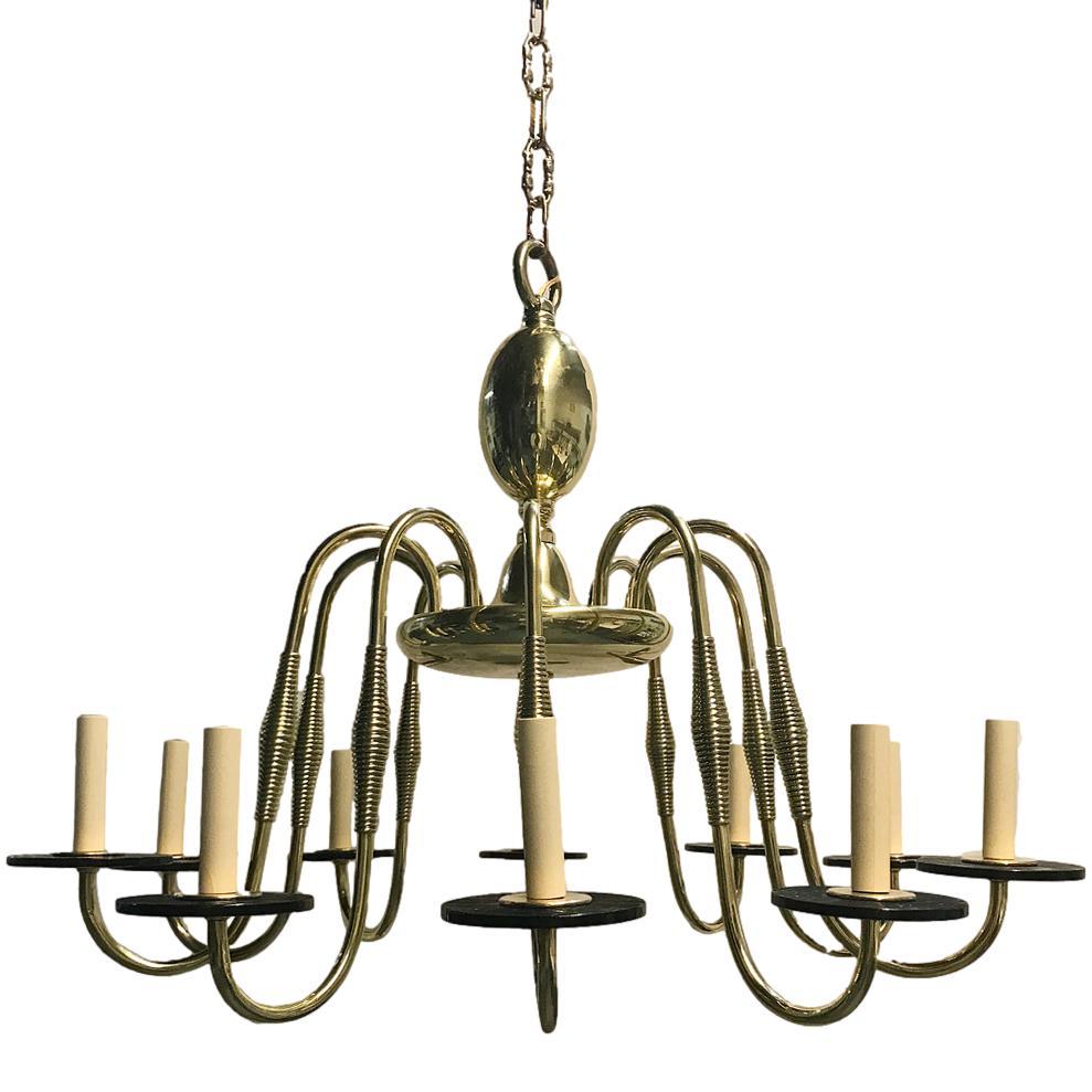 A circa 1940’s French Art-Deco gilt bronze chandelier.

Measurements:
Drop: 30?
Diameter: 32?