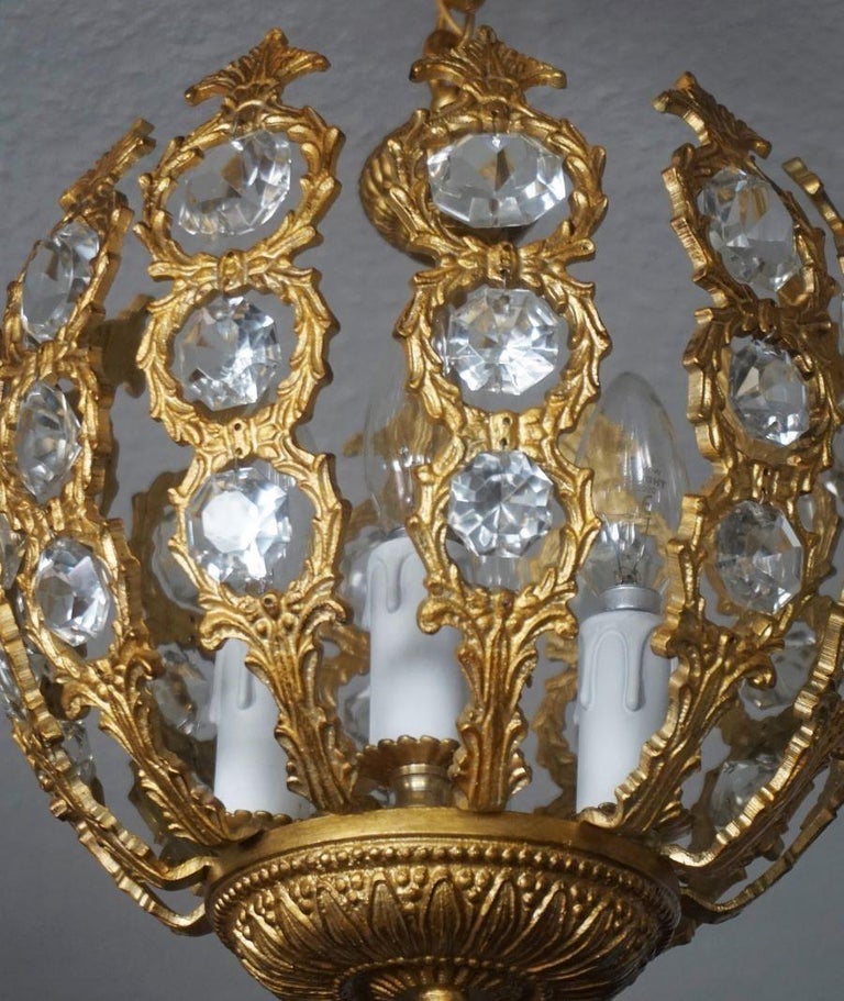 French Art Deco Gilt Bronze Crystal Four-Light Chandelier or Lantern, 1930-1939 For Sale 6