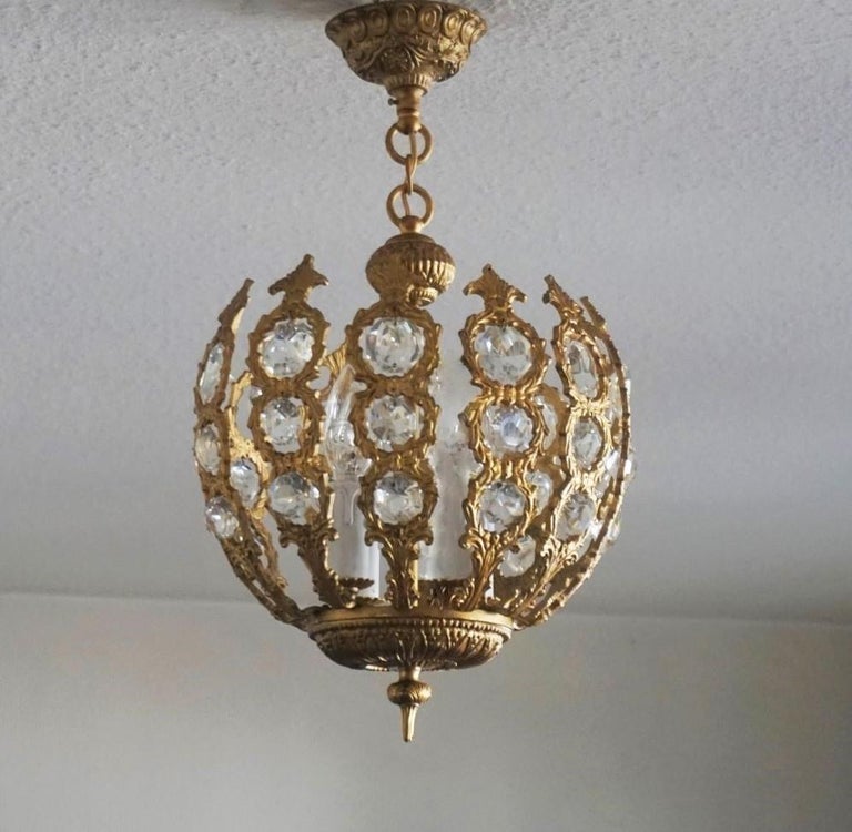 French Art Deco Gilt Bronze Crystal Four-Light Chandelier or Lantern, 1930-1939 In Good Condition For Sale In Frankfurt am Main, DE