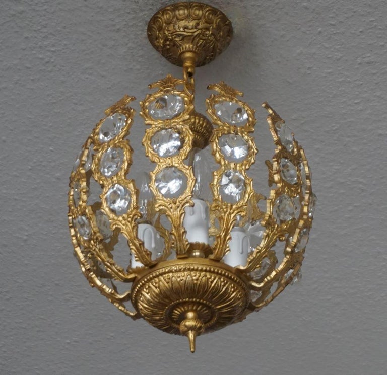 French Art Deco Gilt Bronze Crystal Four-Light Chandelier or Lantern, 1930-1939 For Sale 1