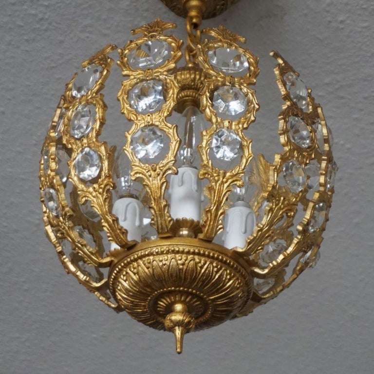 French Art Deco Gilt Bronze Crystal Four-Light Chandelier or Lantern, 1930-1939 For Sale 2