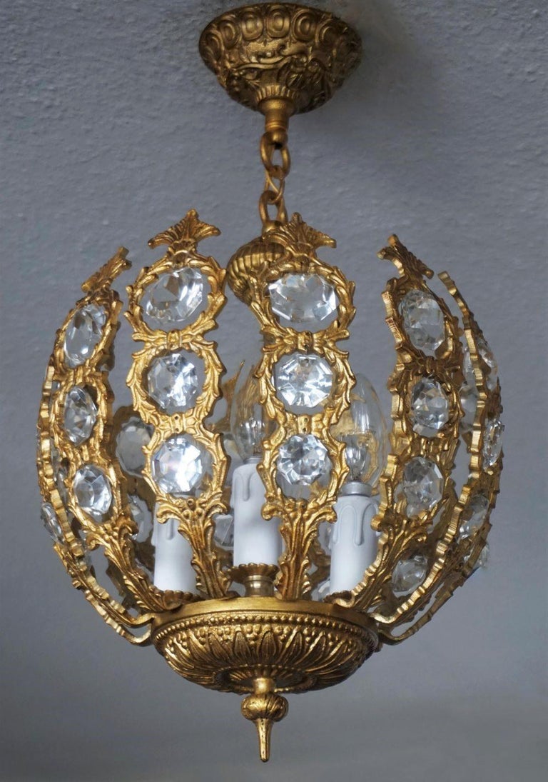 French Art Deco Gilt Bronze Crystal Four-Light Chandelier or Lantern, 1930-1939 For Sale 4