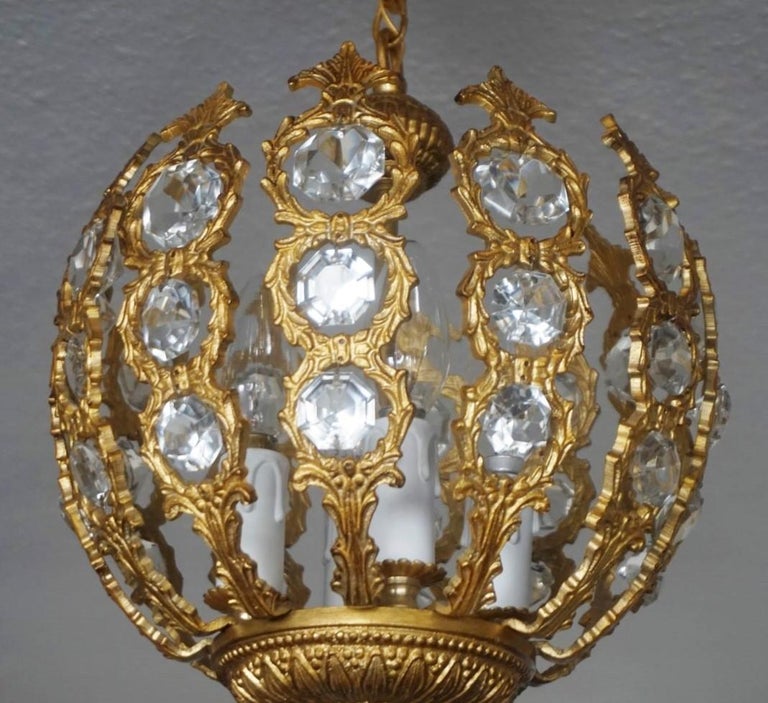 French Art Deco Gilt Bronze Crystal Four-Light Chandelier or Lantern, 1930-1939 For Sale 5
