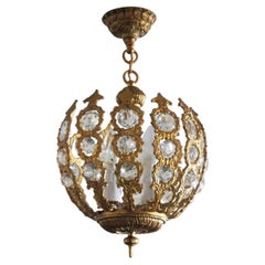 French Art Deco Gilt Bronze Crystal Four-Light Chandelier or Lantern, 1920-1929