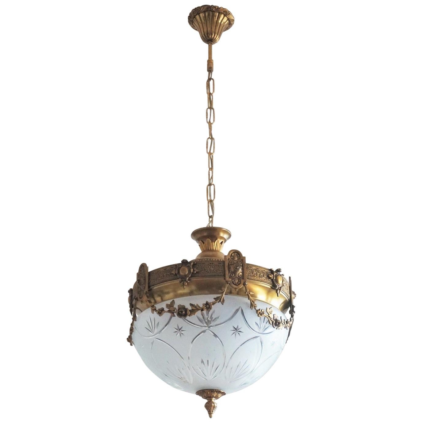 French Art Deco Gilt Bronze Cut Glass Chandelier or Flush Mount
