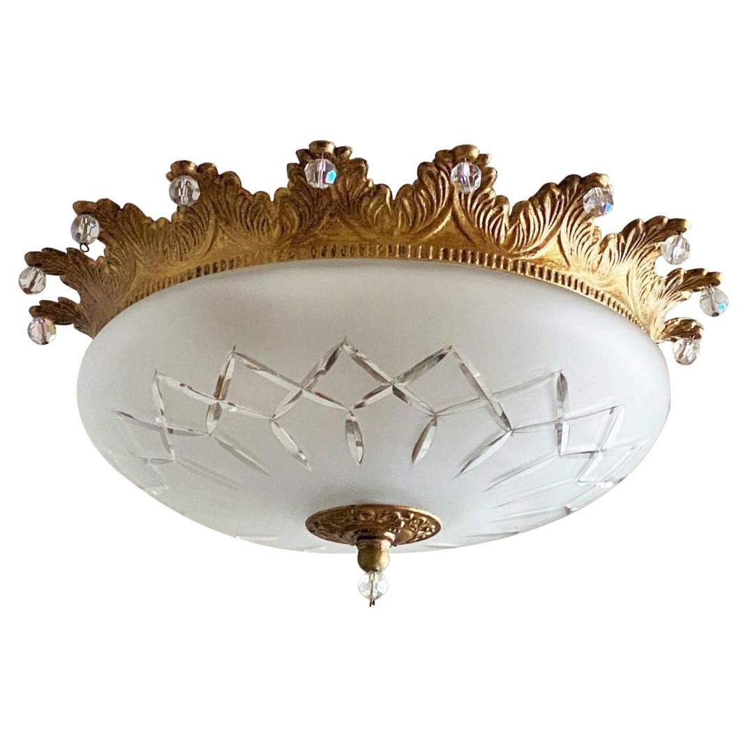 French Art Deco Gilt Bronze Cut Glass Two-Light Flush Mount, Ceiling Light