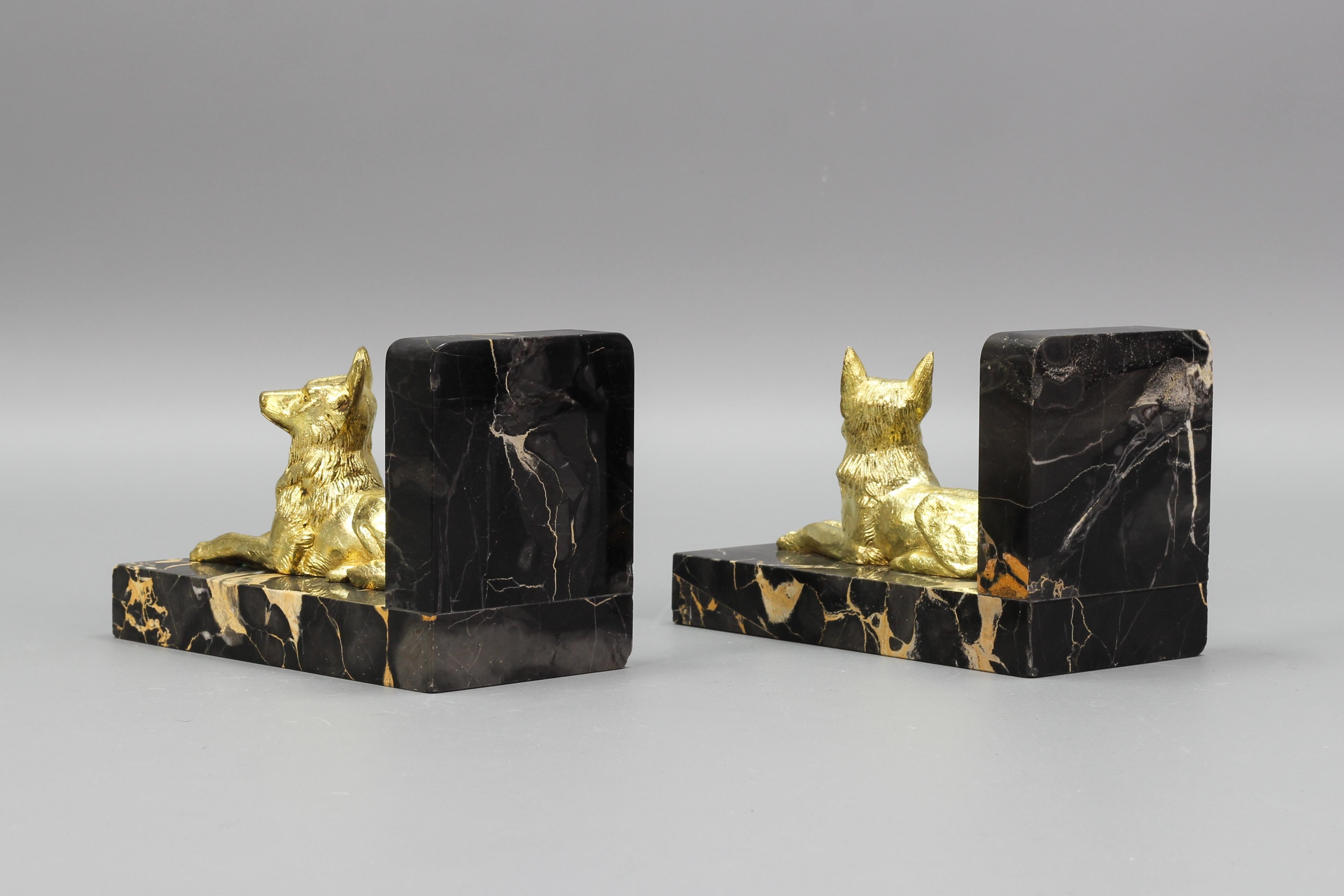 French Art Deco Gilt Bronze German Shepherd Dog and Black Marble Bookends For Sale 5